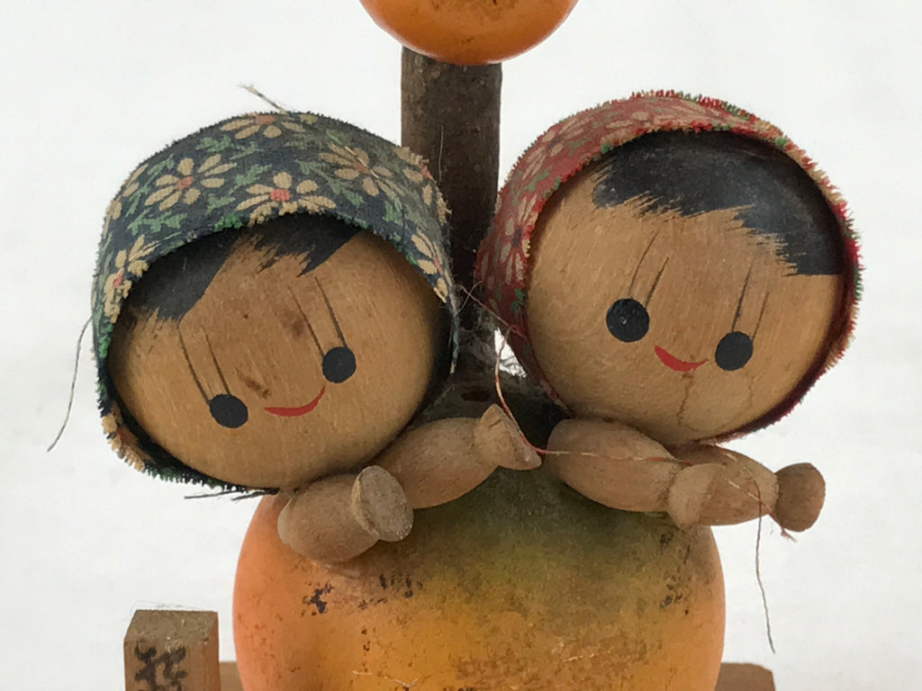 Japanese Wood Kokeshi Doll Orange Two Children Vtg Figurine Folk Art Toy KF665