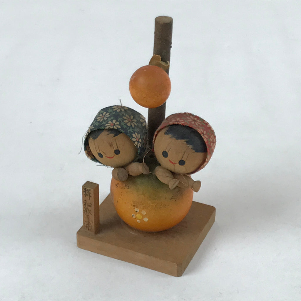 Japanese Wood Kokeshi Doll Orange Two Children Vtg Figurine Folk Art Toy KF665
