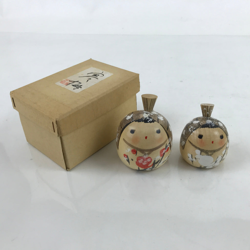 Japanese Wood Kokeshi Doll Pair Vtg Snow Plum Traditional Toy Folk Art KF711