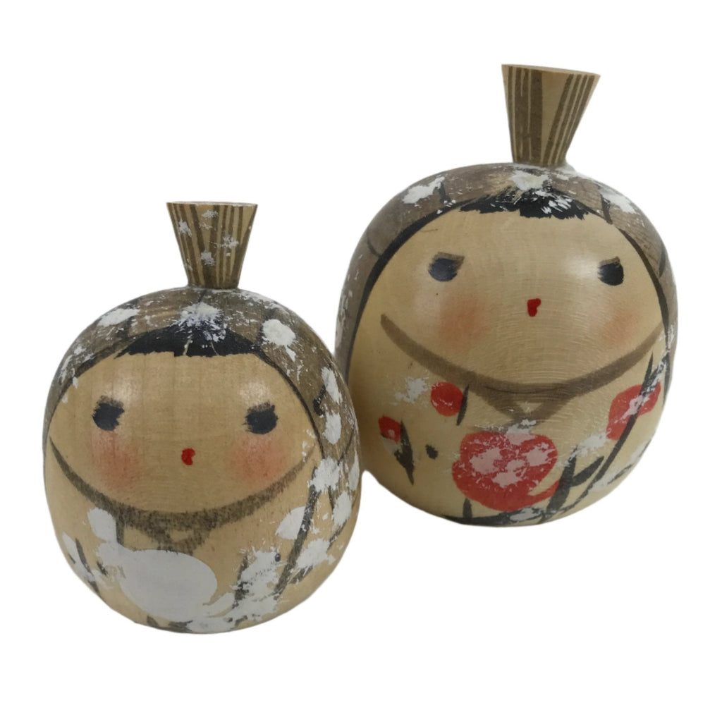 Japanese Wood Kokeshi Doll Pair Vtg Snow Plum Traditional Toy Folk Art KF711
