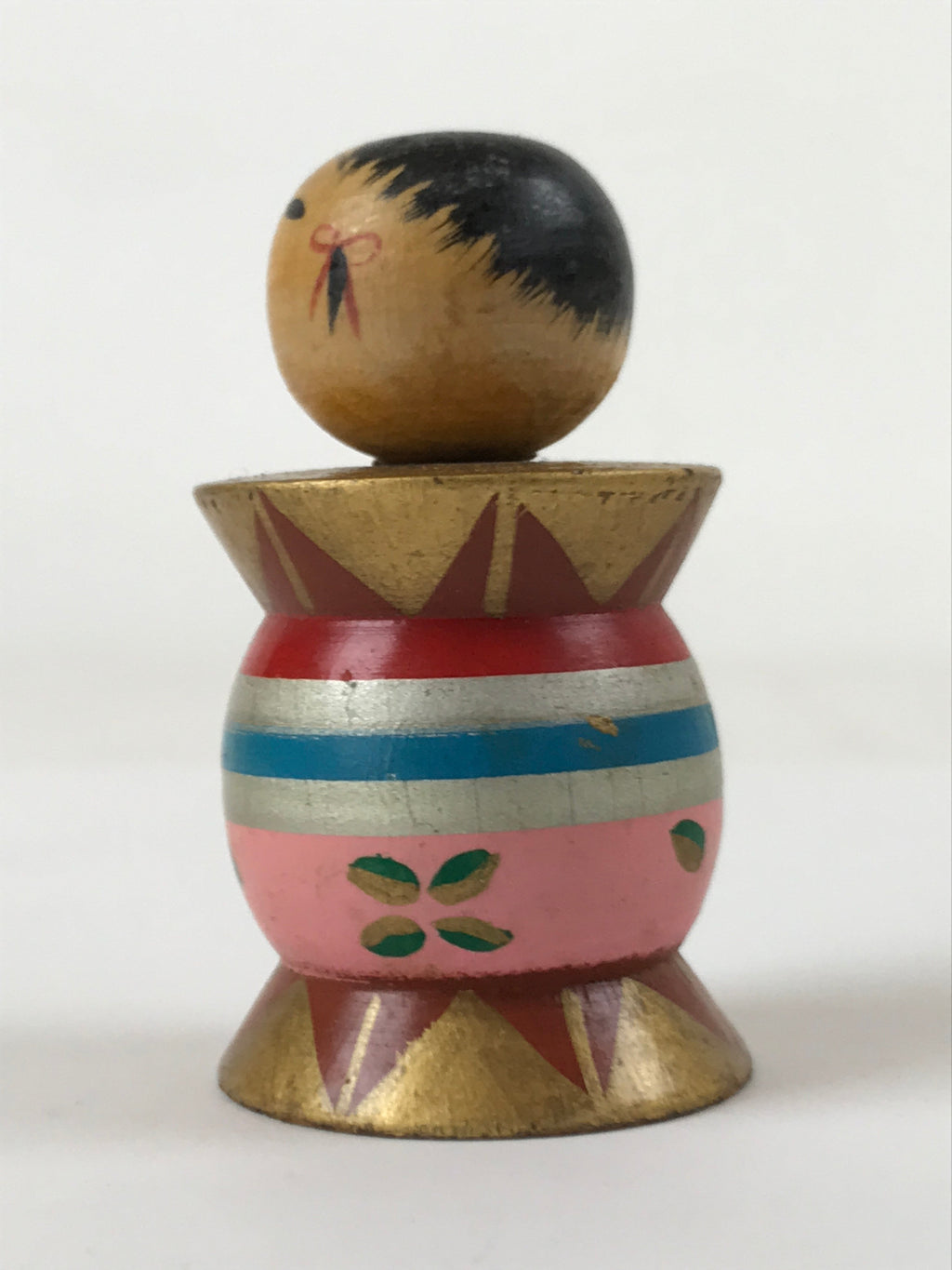 Japanese Wood Kokeshi Doll Spool Shape Vtg Taiko Figurine Folk Art Toy KF666