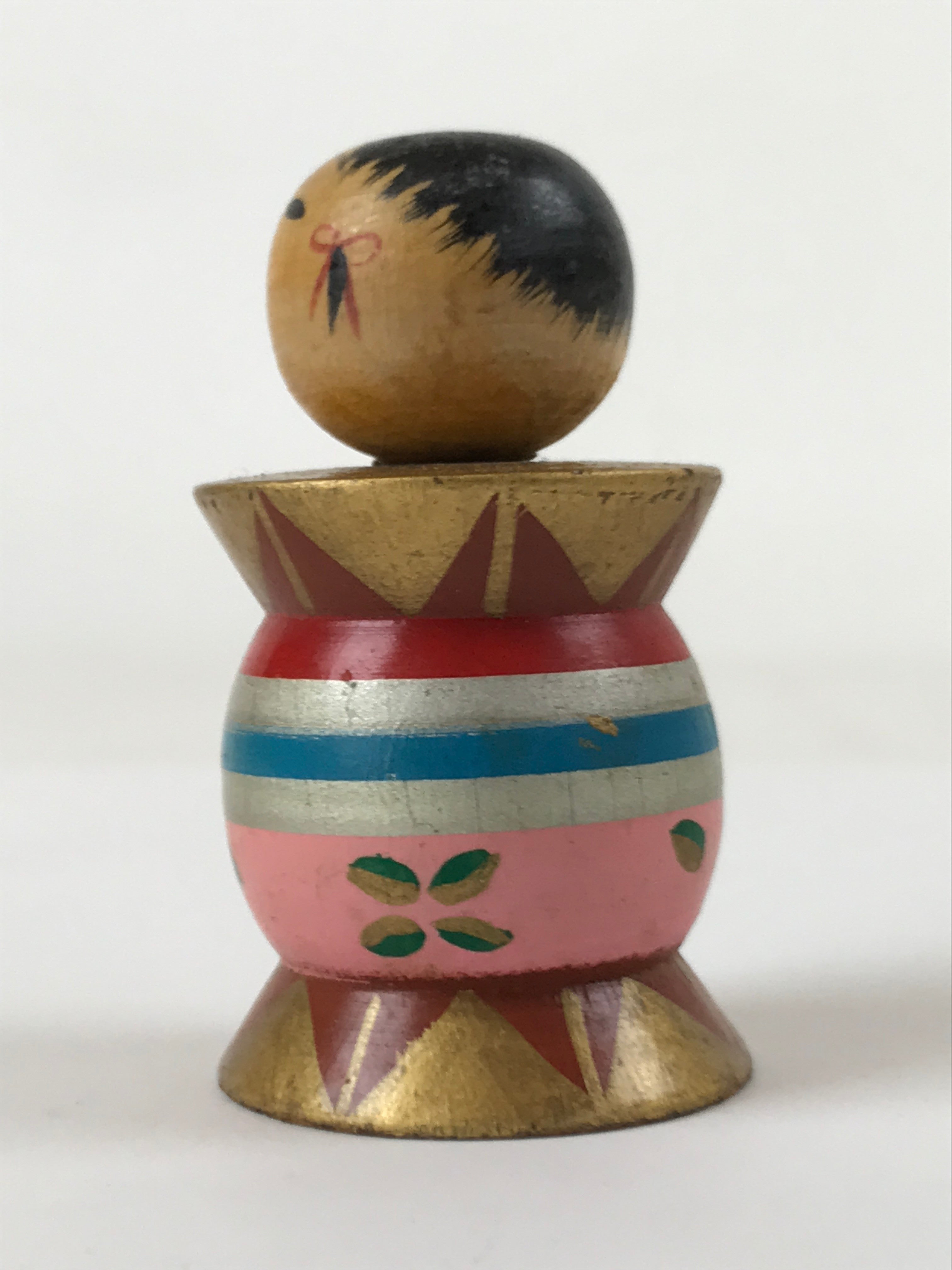 Japanese Wood Kokeshi Doll Spool Shape Vtg Taiko Figurine Folk Art Toy KF666