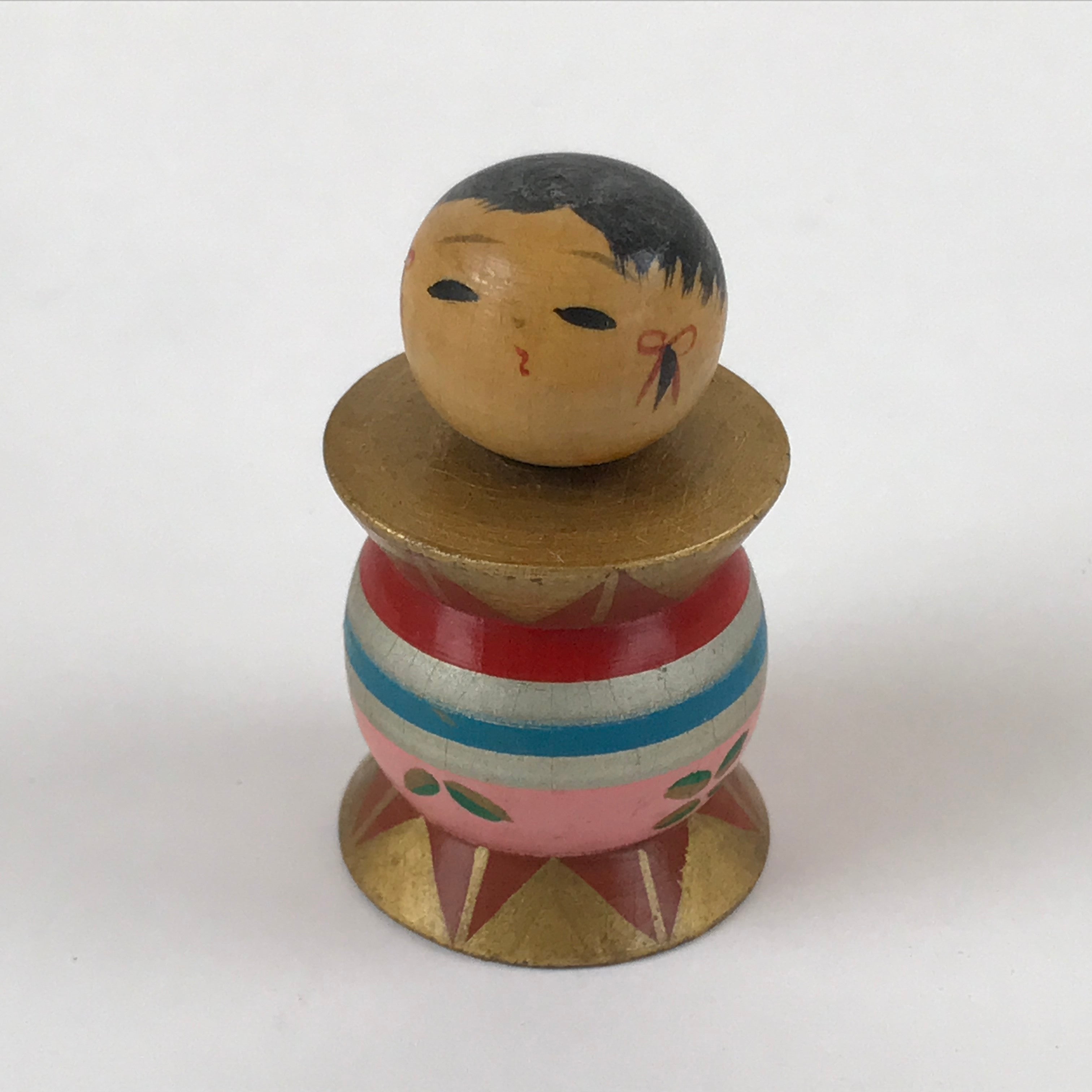 Japanese Wood Kokeshi Doll Spool Shape Vtg Taiko Figurine Folk Art Toy KF666