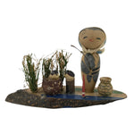 Japanese Wood Kokeshi Doll Vtg Bobblehead Fishing Traditional Toy Folk Art KF714