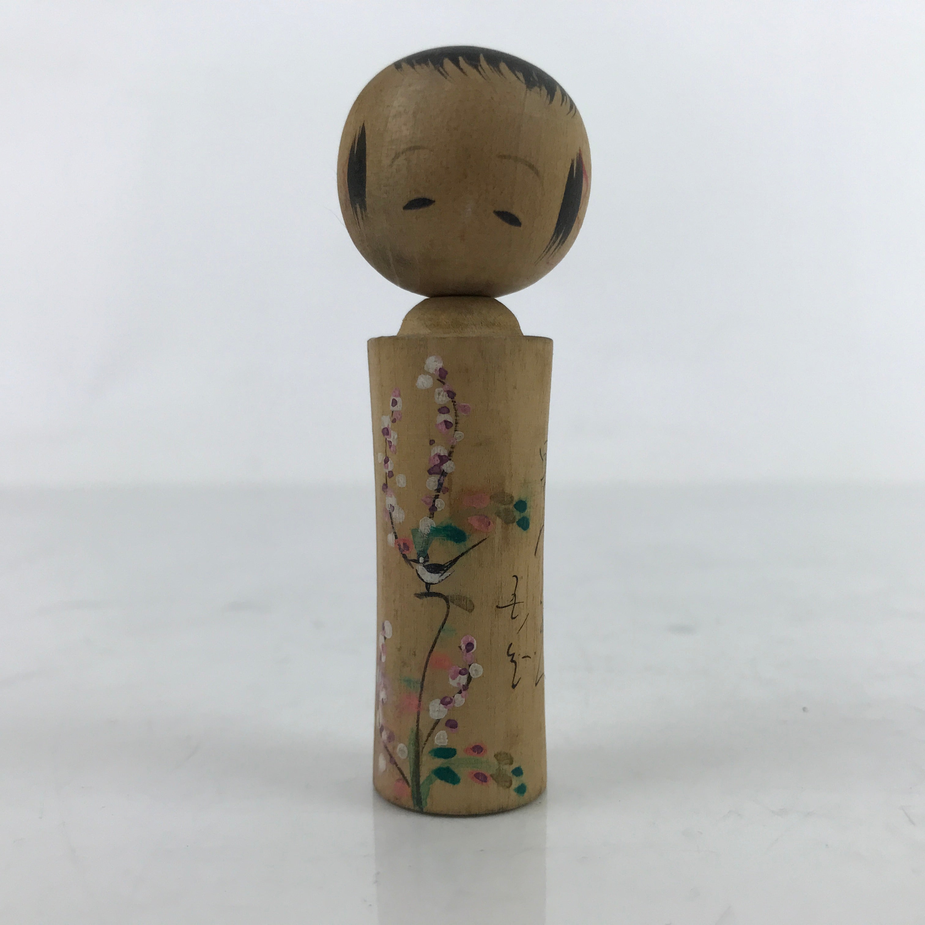 Japanese Wood Kokeshi Doll Vtg Bobblehead Flowers Bird Folk Art KF716