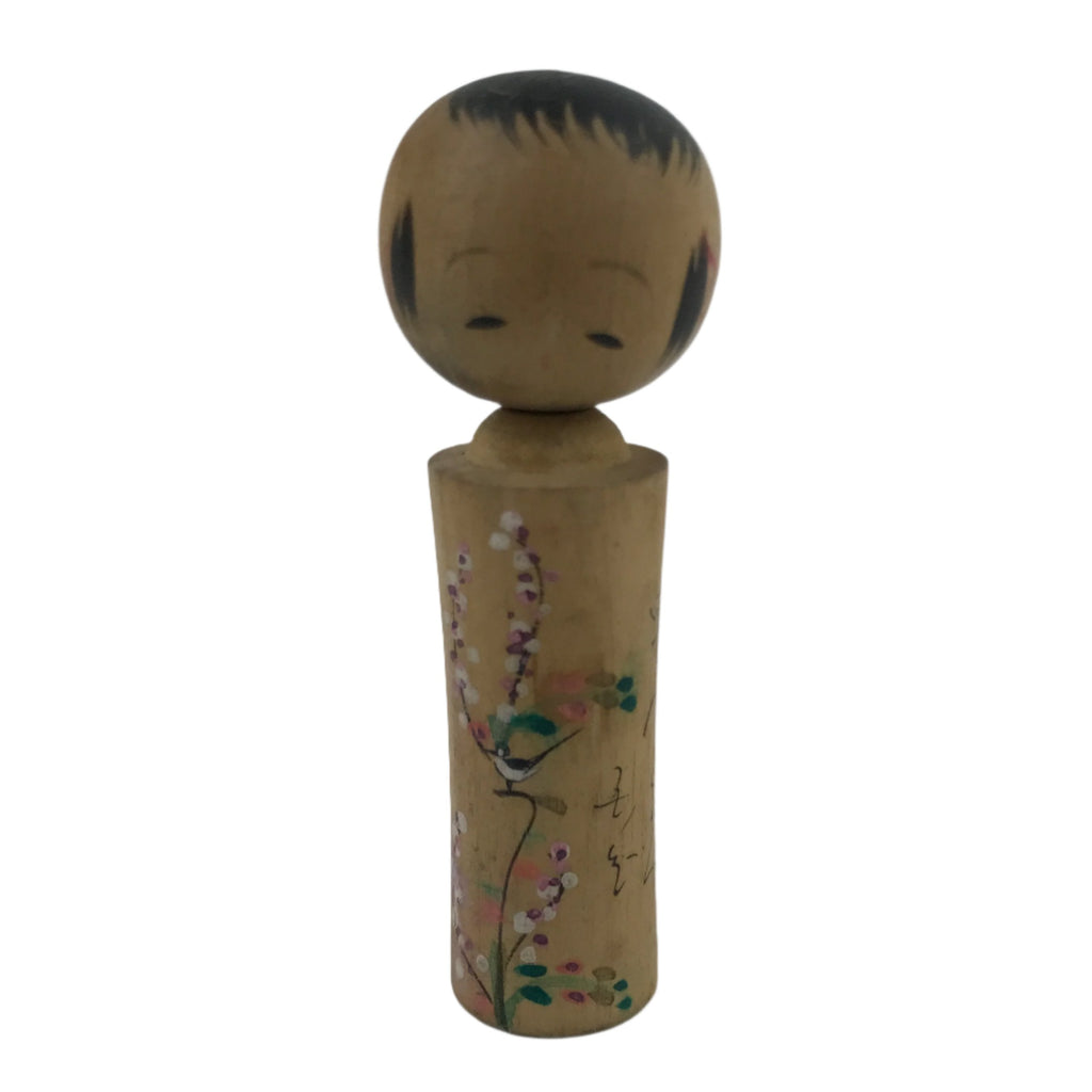 Japanese Wood Kokeshi Doll Vtg Bobblehead Flowers Bird Folk Art KF716