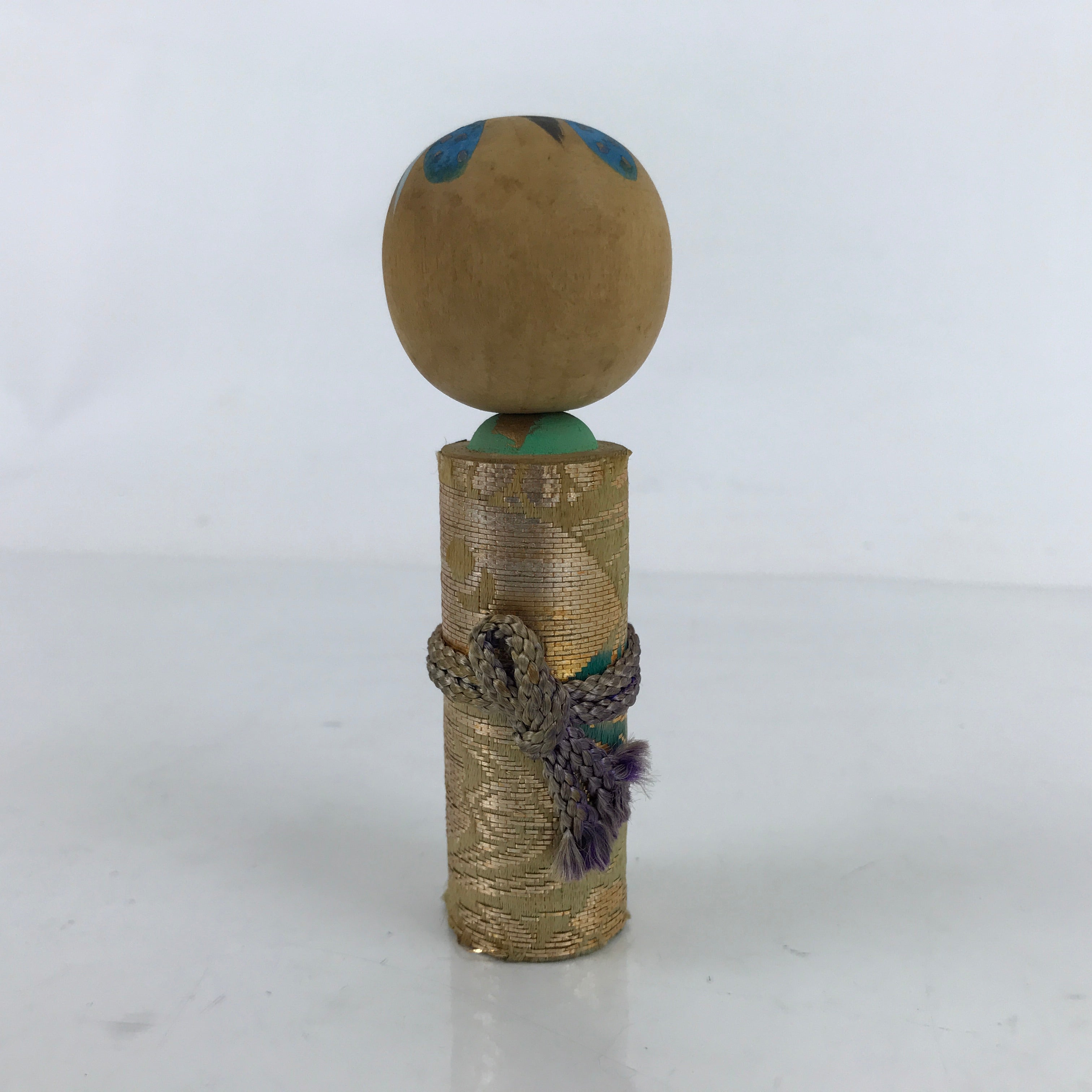 Japanese Wood Kokeshi Doll Vtg Bobblehead Kimono Silk Gold Folk Art KF721