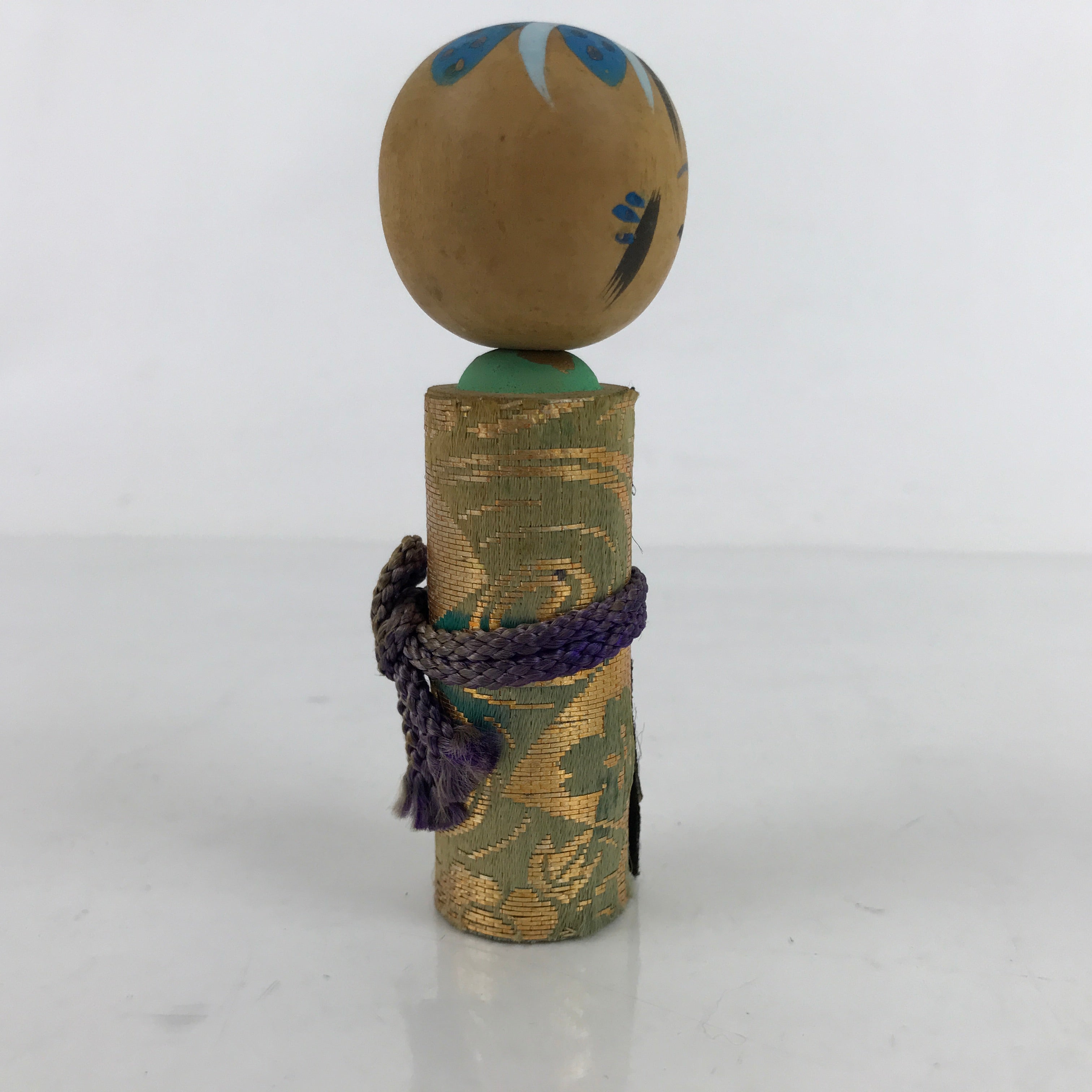 Japanese Wood Kokeshi Doll Vtg Bobblehead Kimono Silk Gold Folk Art KF721