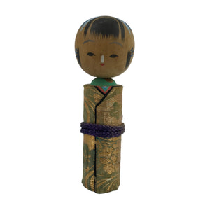 Japanese Wood Kokeshi Doll Vtg Bobblehead Kimono Silk Gold Folk Art KF721