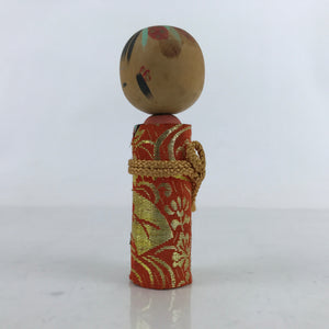 Japanese Wood Kokeshi Doll Vtg Bobblehead Kimono Silk Orange Folk Art KF720