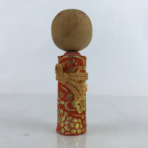 Japanese Wood Kokeshi Doll Vtg Bobblehead Kimono Silk Orange Folk Art KF720