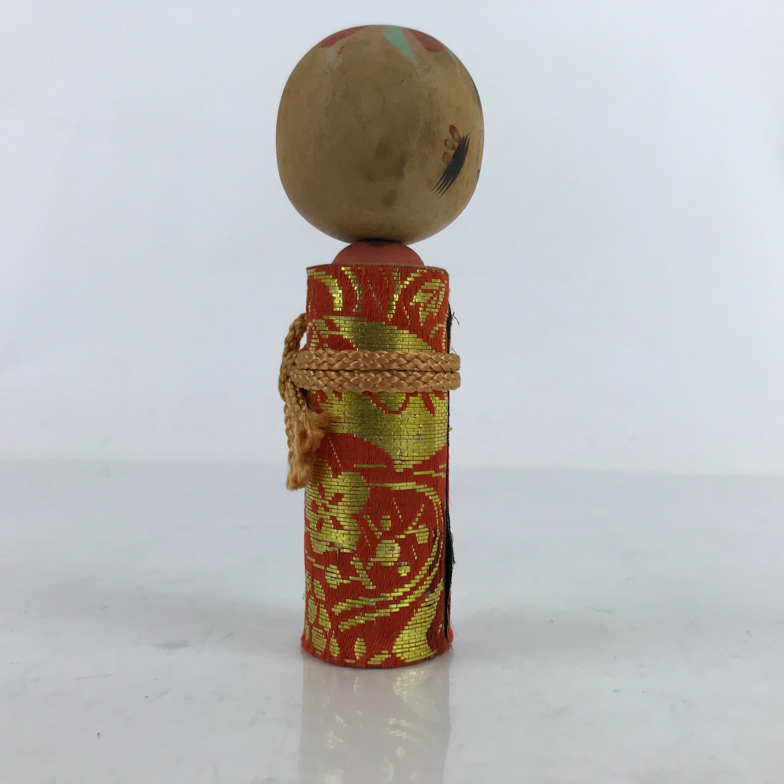 Japanese Wood Kokeshi Doll Vtg Bobblehead Kimono Silk Orange Folk Art KF720