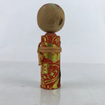 Japanese Wood Kokeshi Doll Vtg Bobblehead Kimono Silk Orange Folk Art KF720