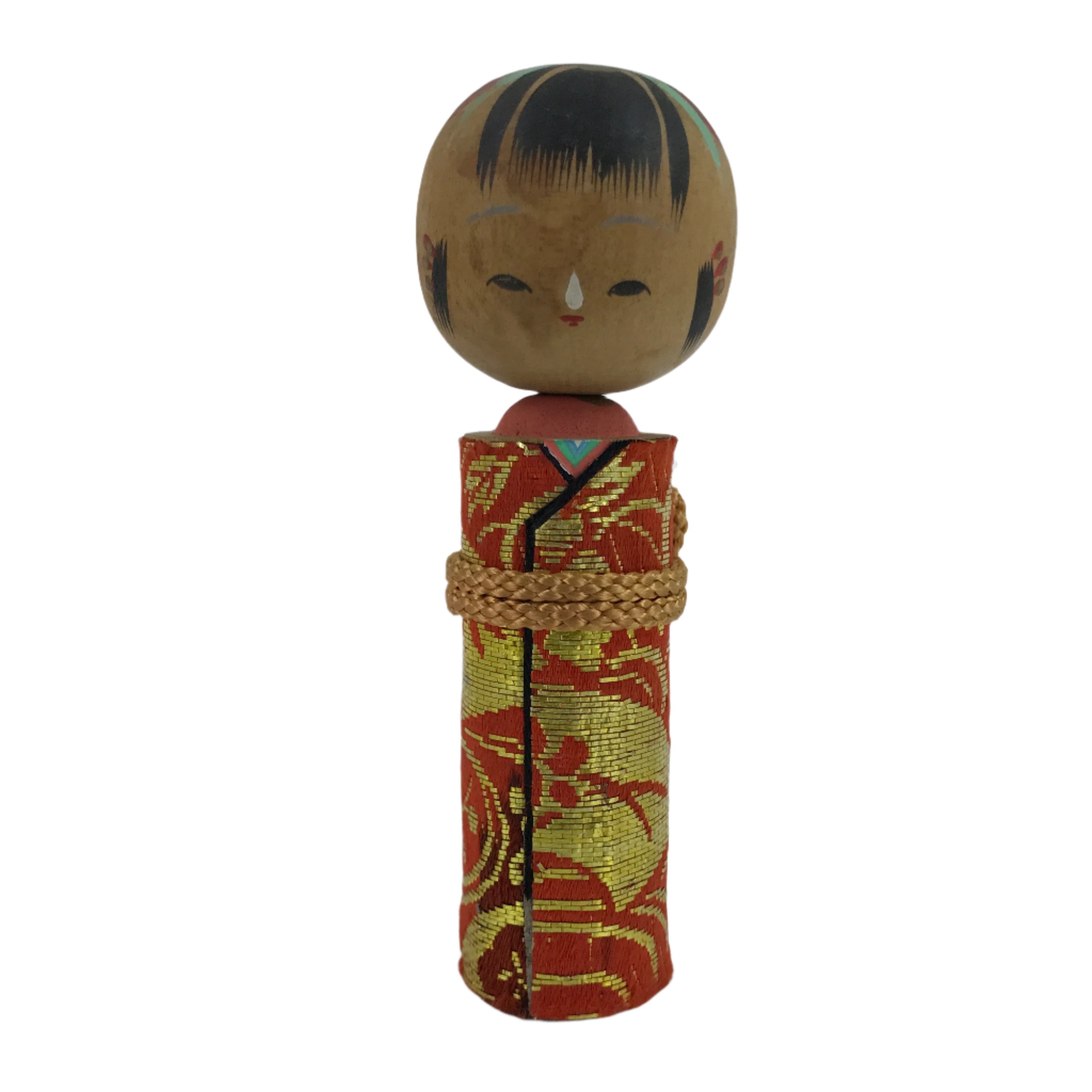 Japanese Wood Kokeshi Doll Vtg Bobblehead Kimono Silk Orange Folk Art KF720