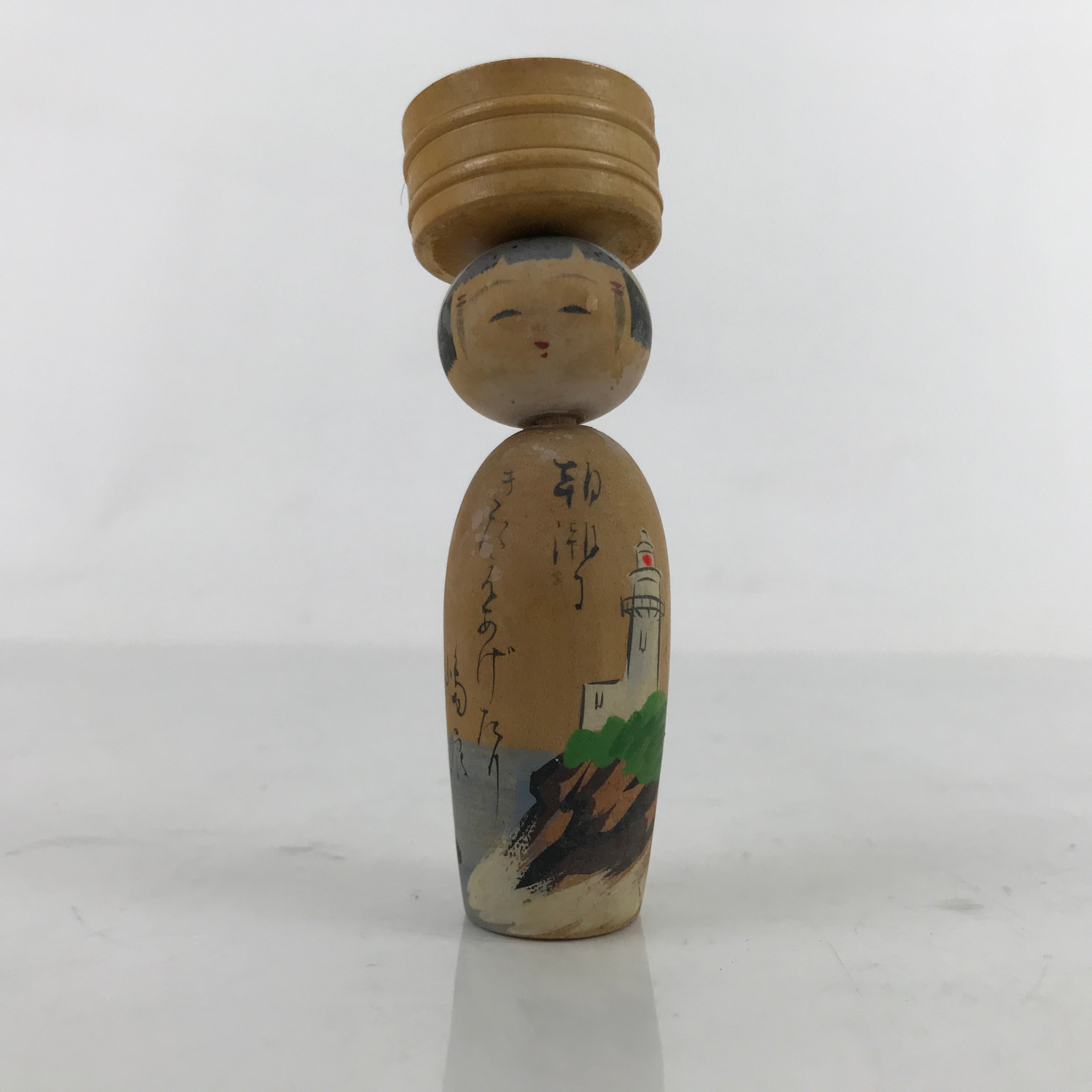 Japanese Wood Kokeshi Doll Vtg Bobblehead Lighthouse Watakanojima Folk Art KF715