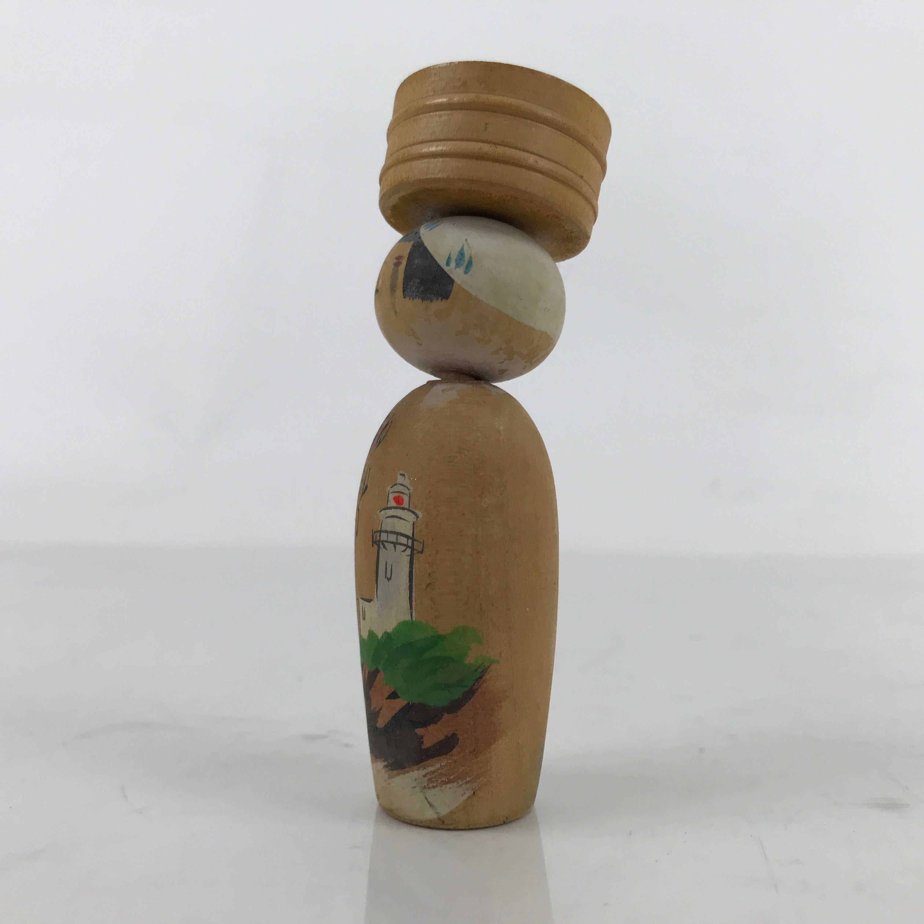 Japanese Wood Kokeshi Doll Vtg Bobblehead Lighthouse Watakanojima Folk Art KF715