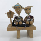 Japanese Wood Kokeshi Doll Vtg Couple Sitting Hakone Geta Stand Folk Art KF691