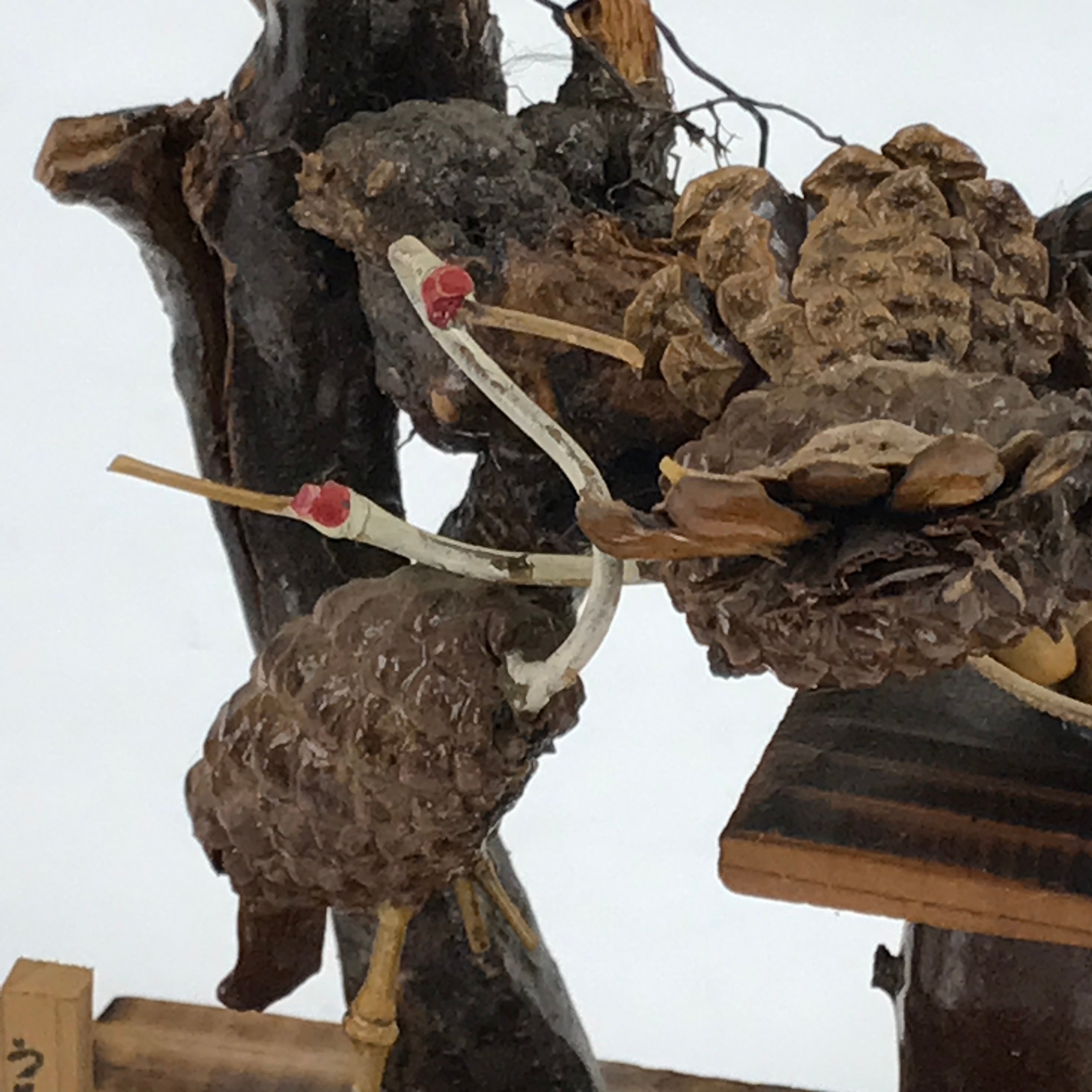 Japanese Wood Kokeshi Doll Vtg Cranes Brown Folk Art Nest Birds KF697