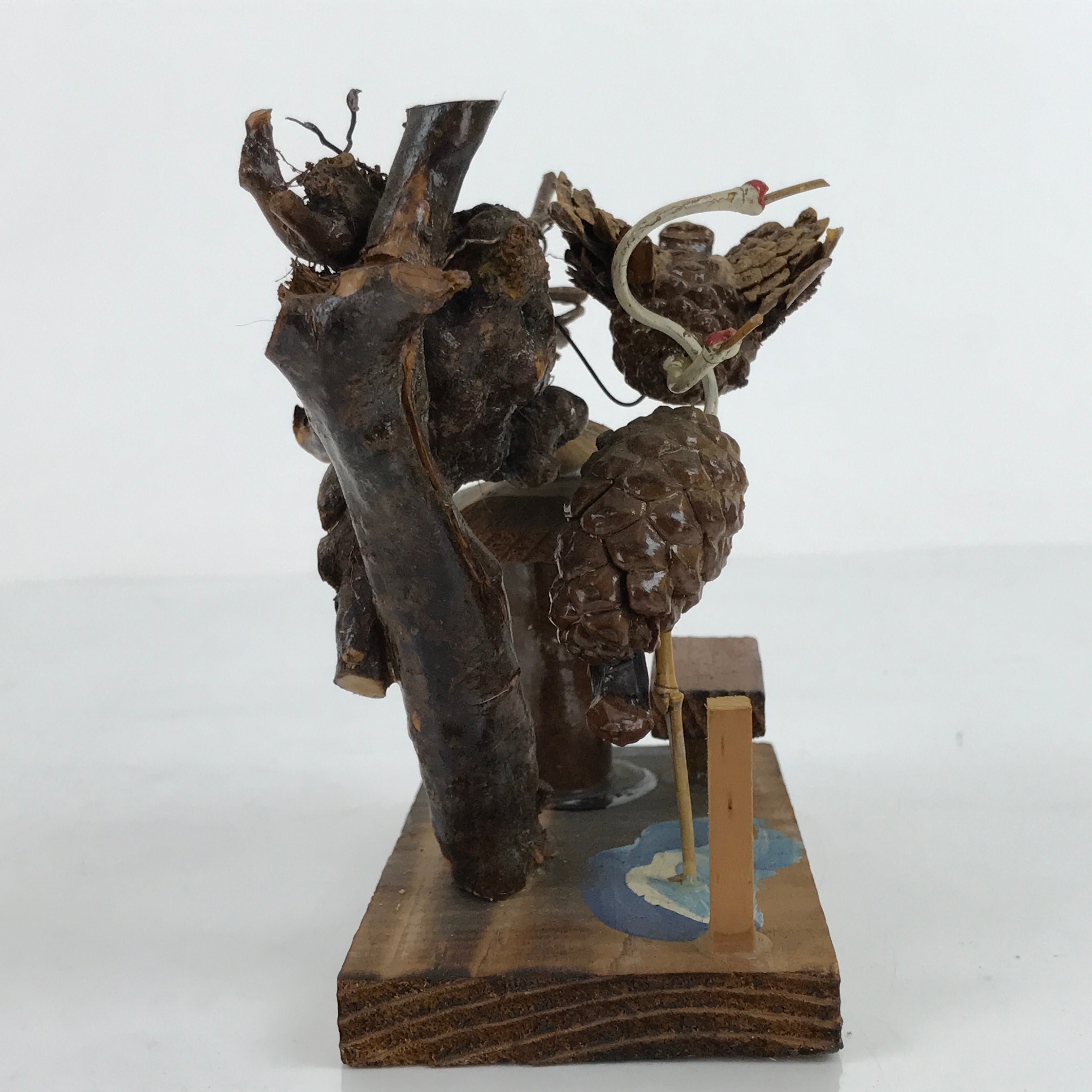 Japanese Wood Kokeshi Doll Vtg Cranes Brown Folk Art Nest Birds KF697