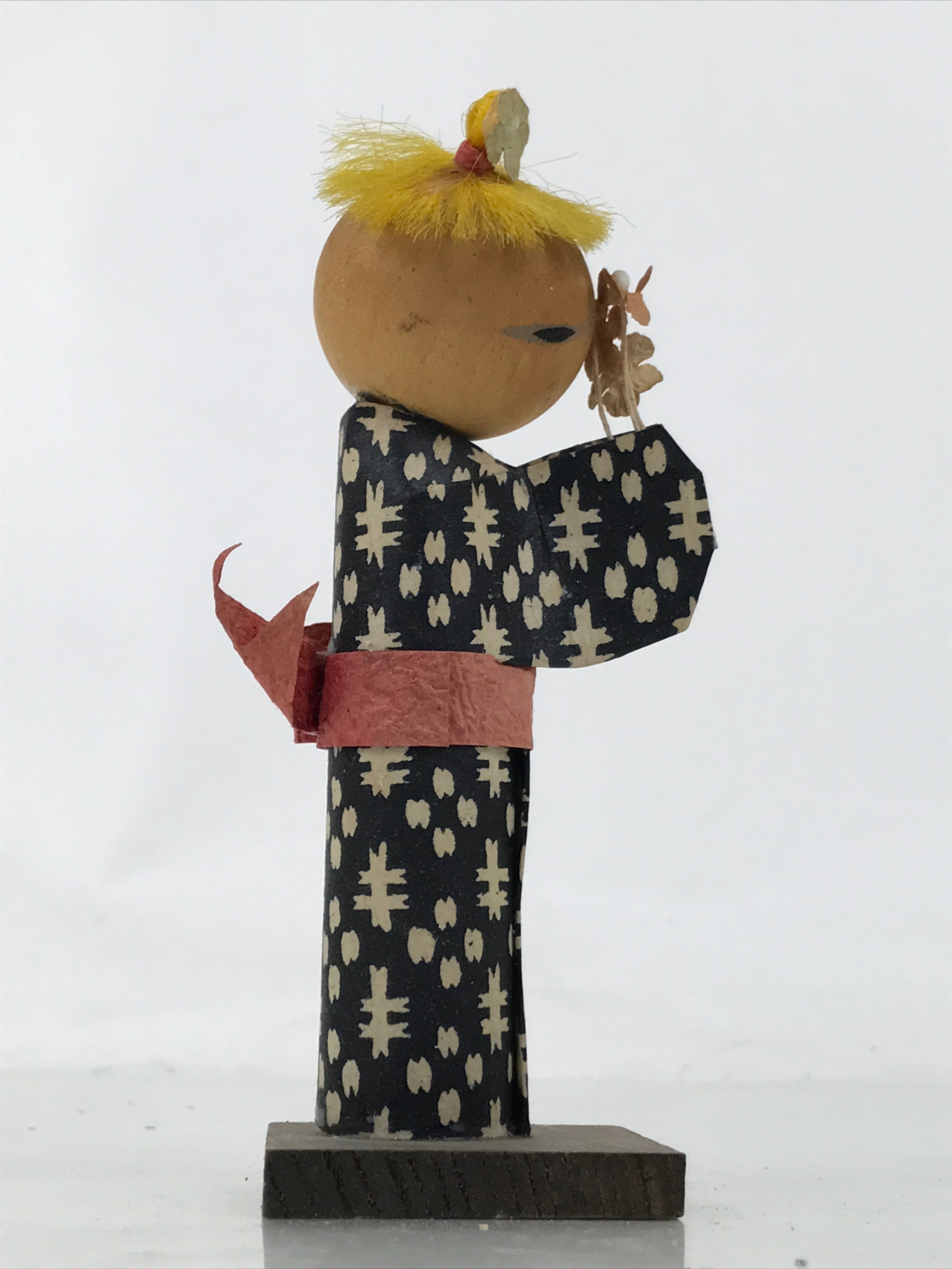 Japanese Wood Kokeshi Doll Vtg Figurine Girl Kimono Flower Washi Paper KF751