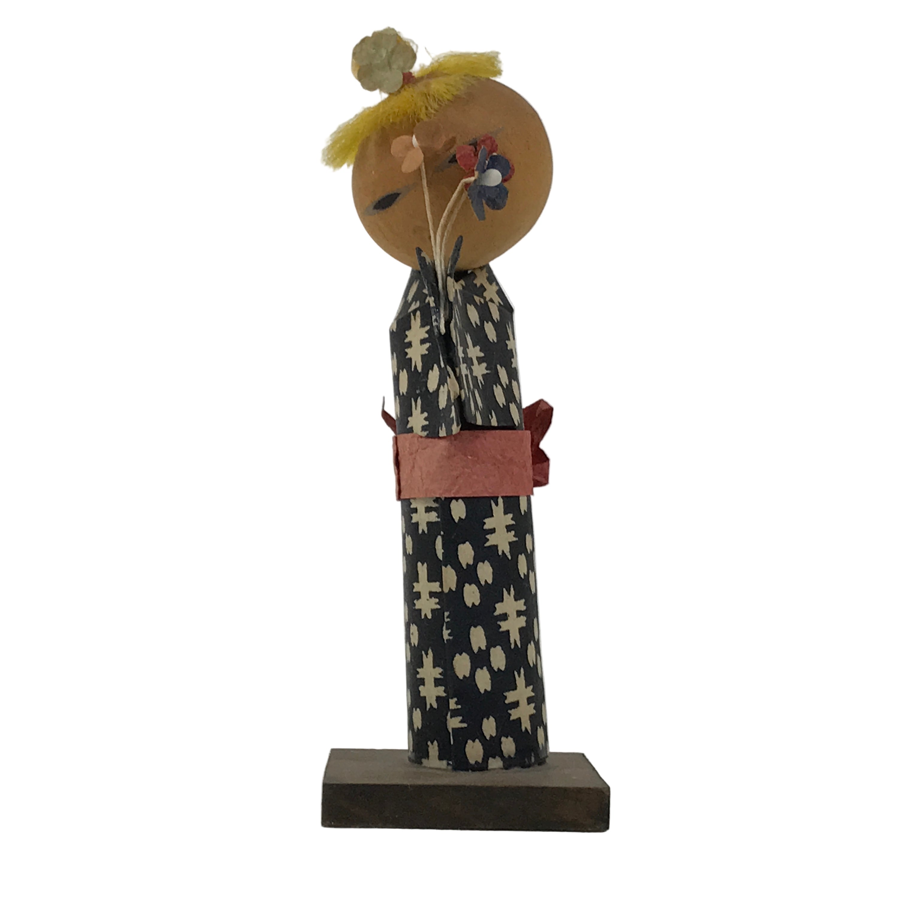 Japanese Wood Kokeshi Doll Vtg Figurine Girl Kimono Flower Washi Paper KF751