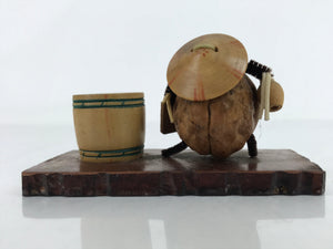 Japanese Wood Kokeshi Doll Vtg Walnut Tanuki Racoon Dog Folk Art KF693