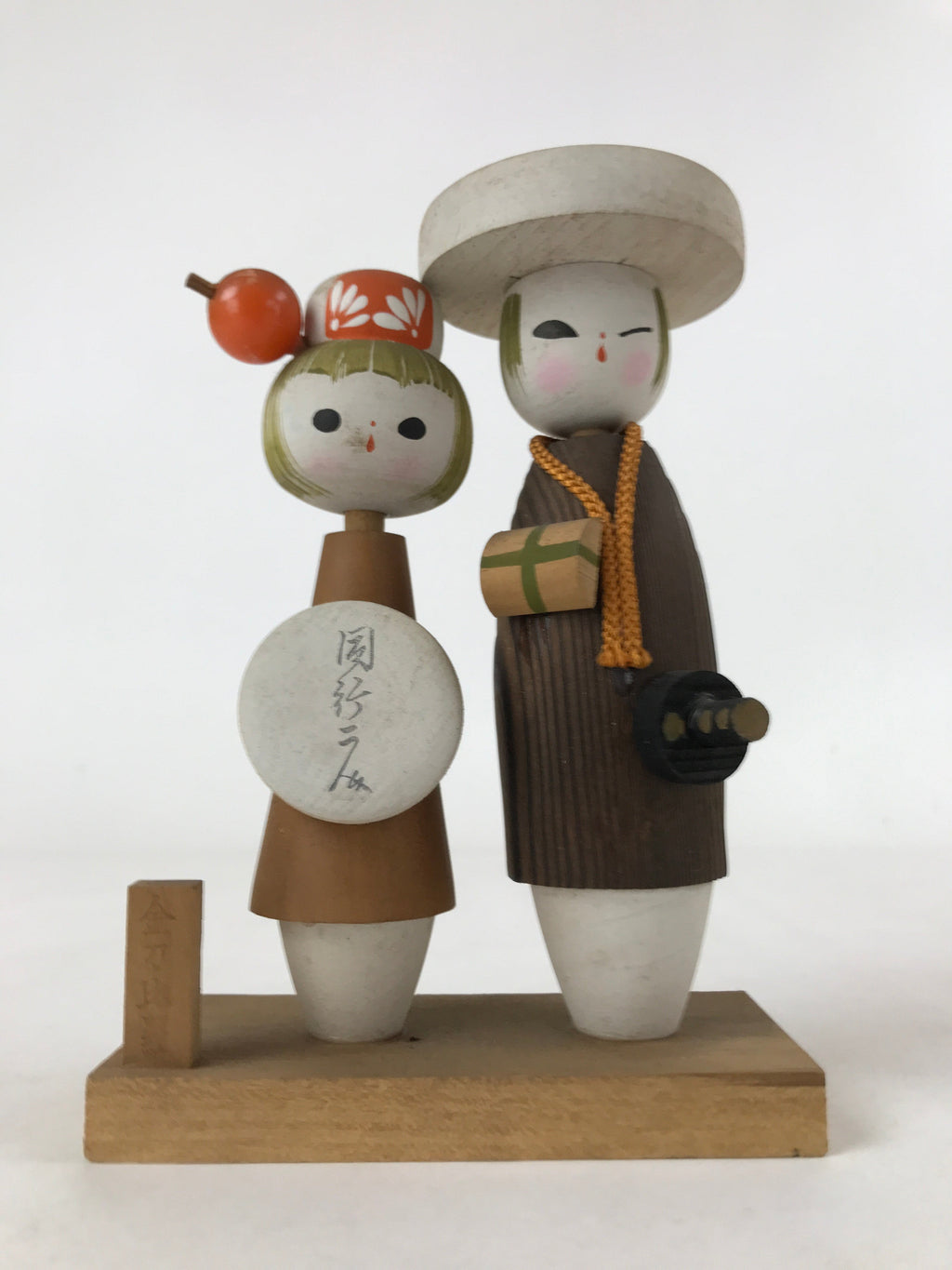 Japanese Wood Kokeshi Dolls Couple Samurai Vtg Folk Art Decoration KF670
