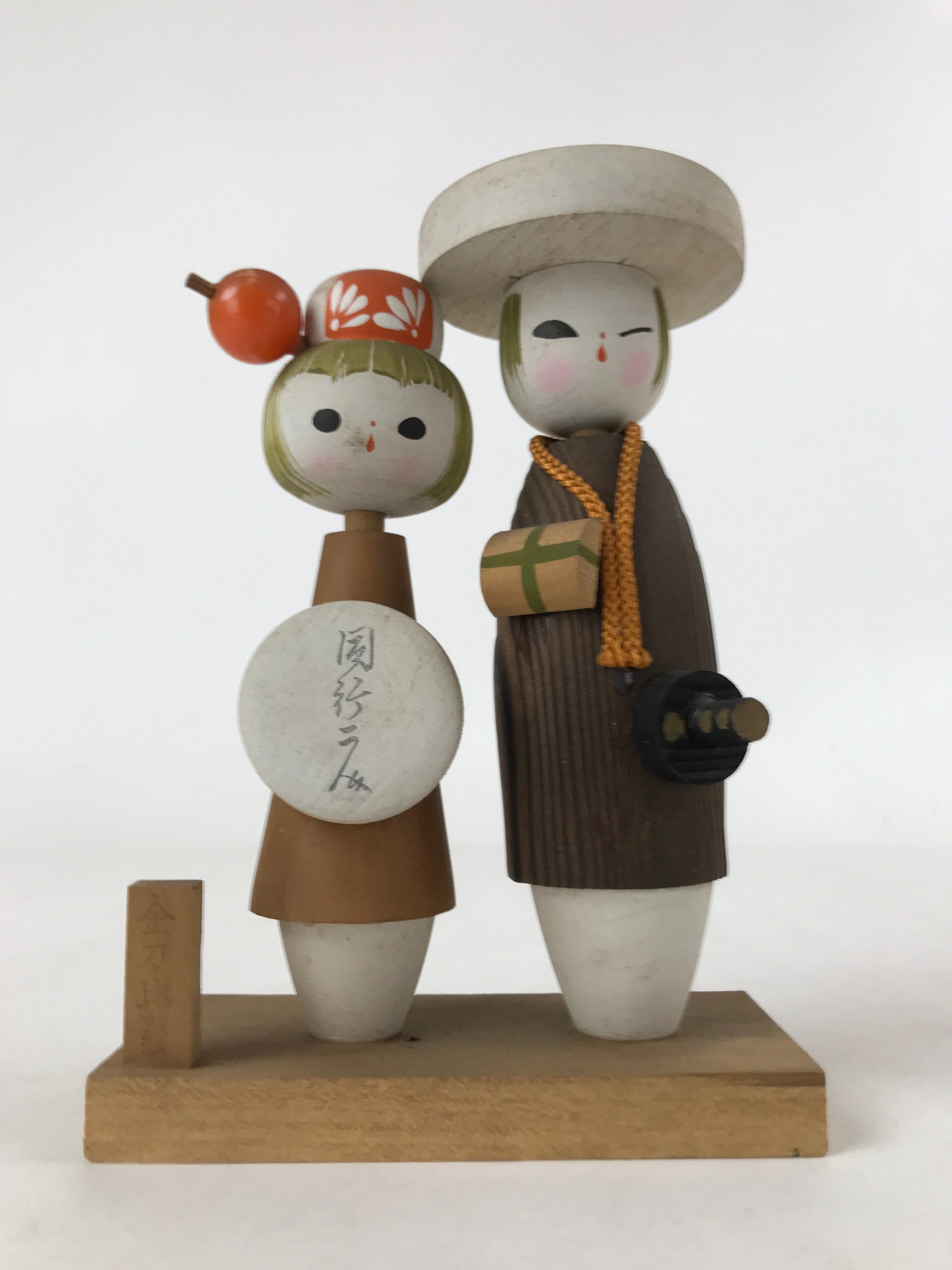 Japanese Wood Kokeshi Dolls Couple Samurai Vtg Folk Art Decoration KF670