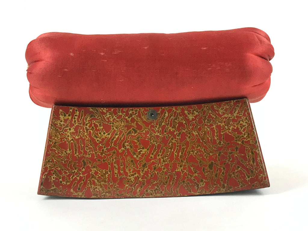 Japanese Wood Lacquered Base Silk Soft Pillow Vtg Red Geisha Takamakura JK597