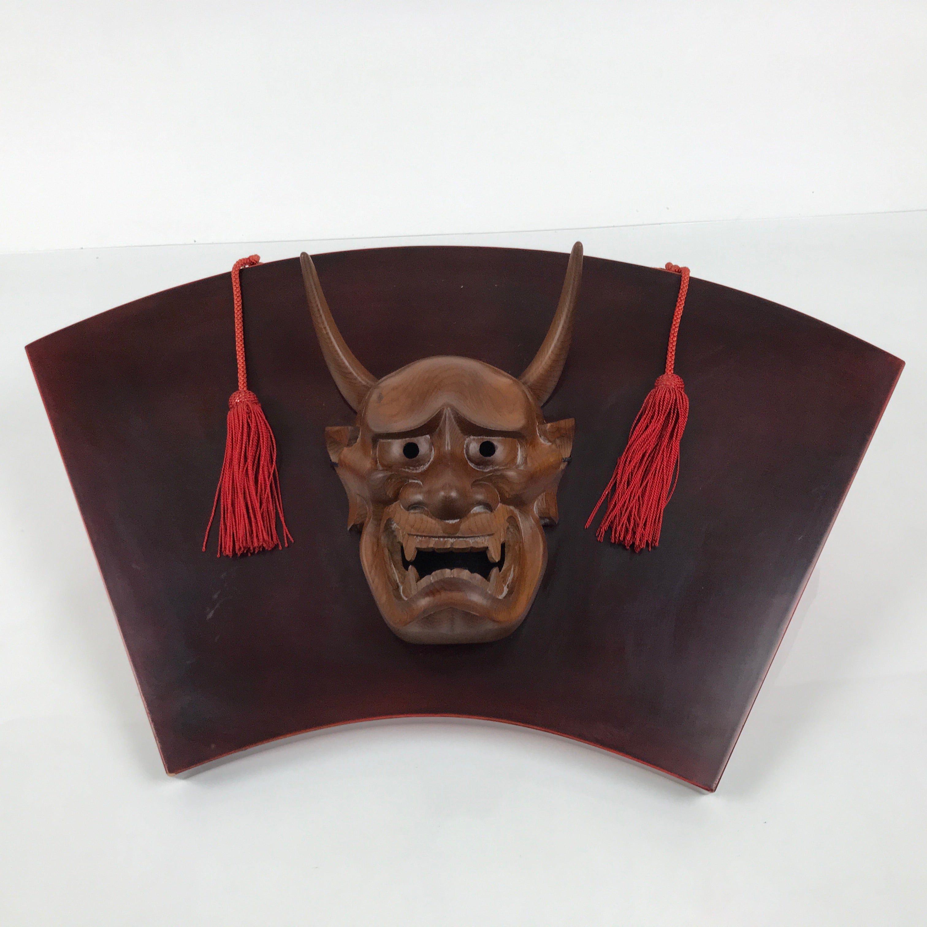 Japanese Wood Noh Mask Hannya Angry Woman Vtg Nohmen Brown Display
