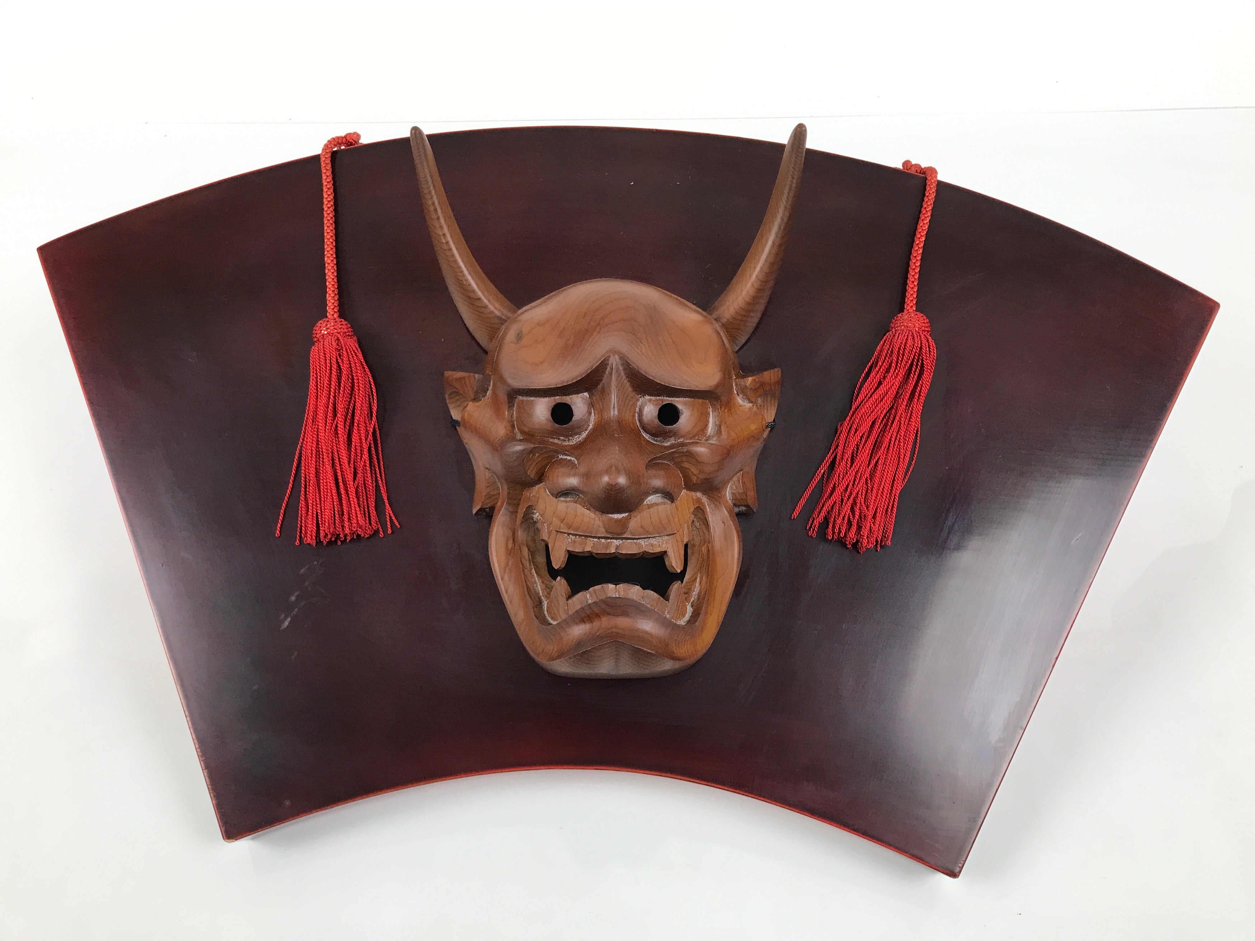 Japanese Wood Noh Mask Hannya Angry Woman Vtg Nohmen Brown Display