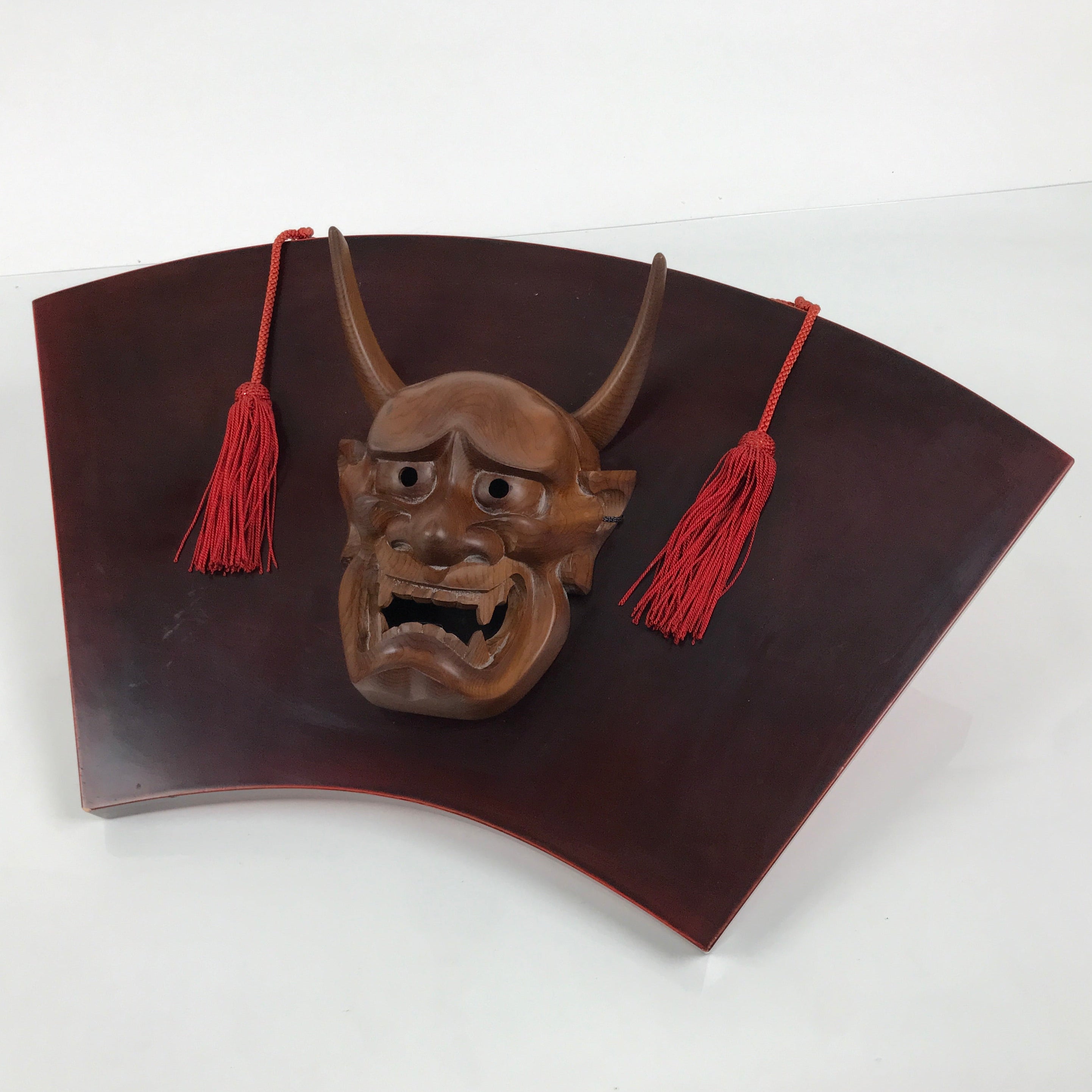 Japanese Wood Noh Mask Hannya Angry Woman Vtg Nohmen Brown Display 