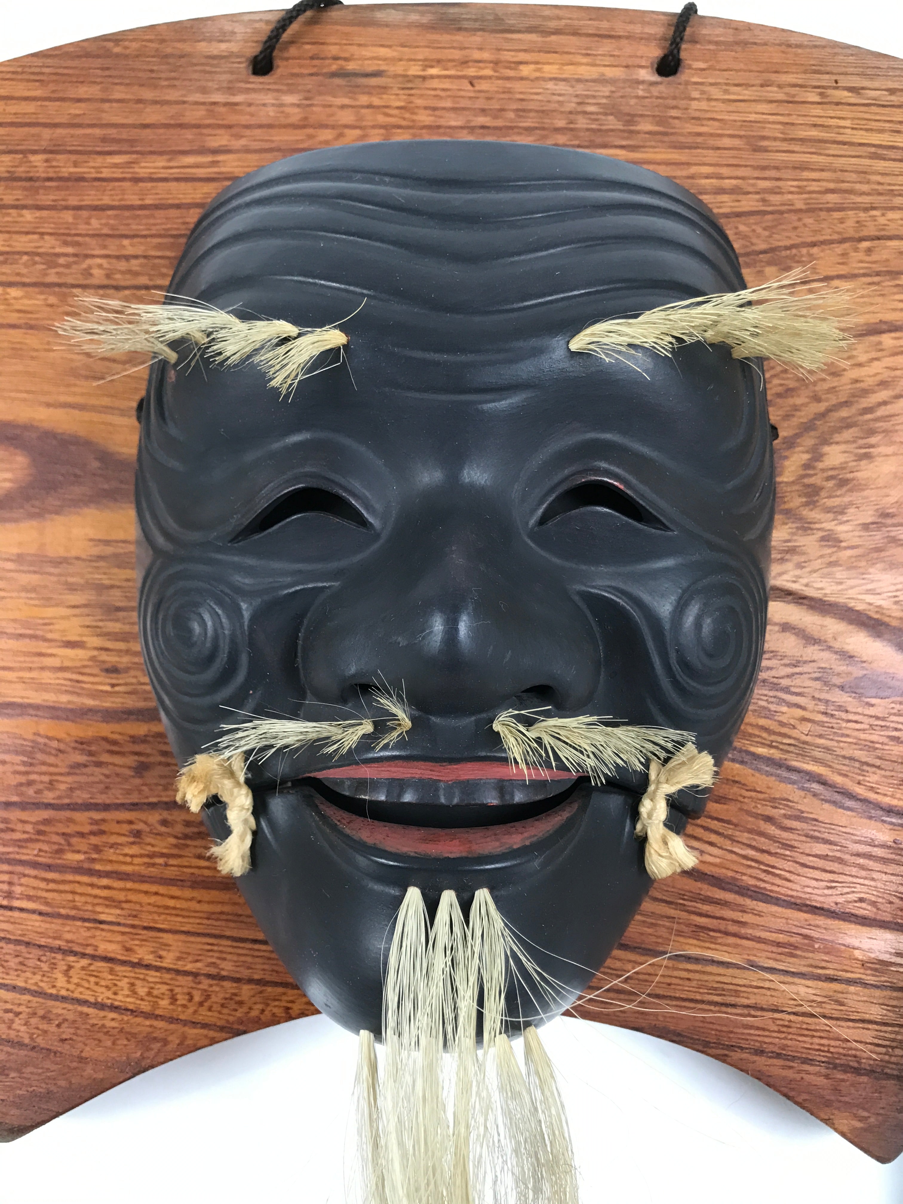 Japanese Wood Noh Mask Okina Old Man Vtg Nohmen Kokushiki-Jo Black