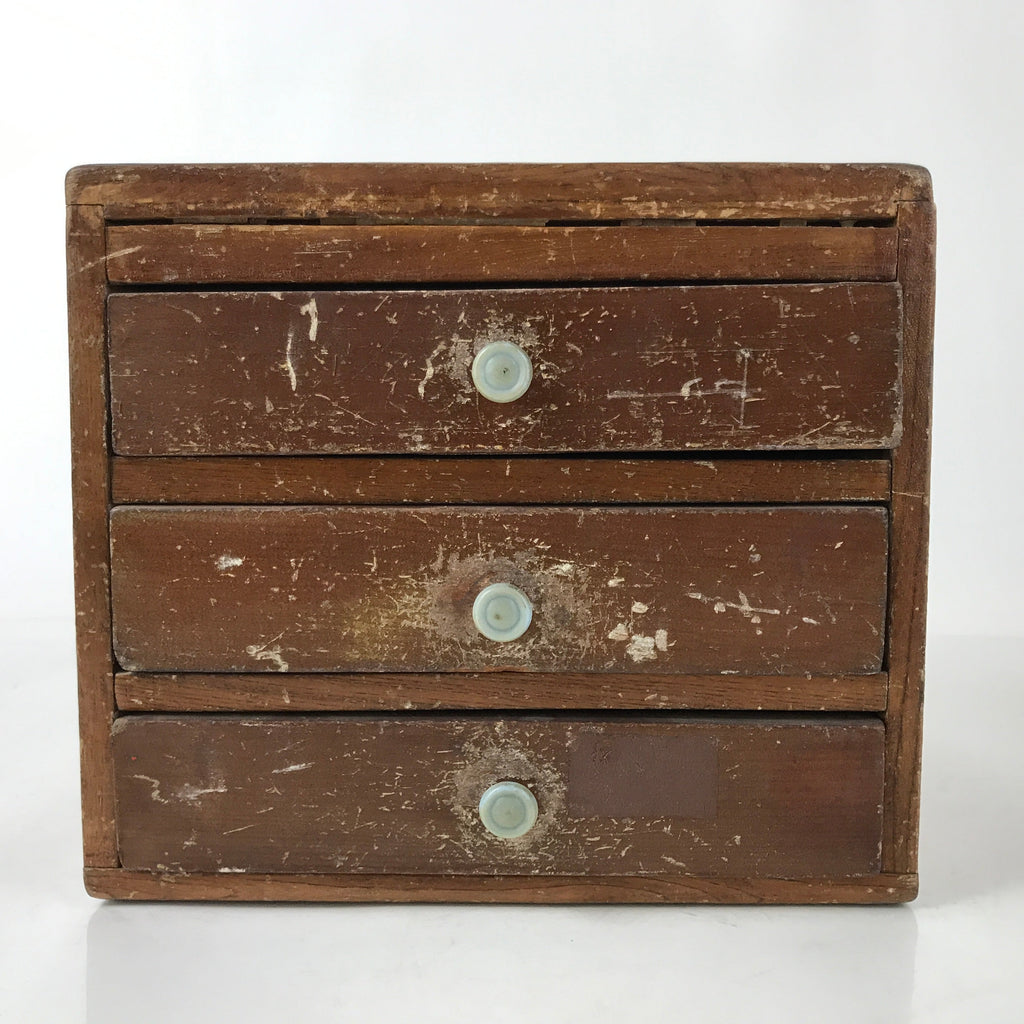 Japanese Wood Tansu Storage Chest Haribako Sewing Box 3 Drawers Brown T400