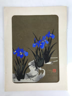Japanese Woodblock Print Paper Card Vtg Blue Iris Flower Ayame Gold Black P382