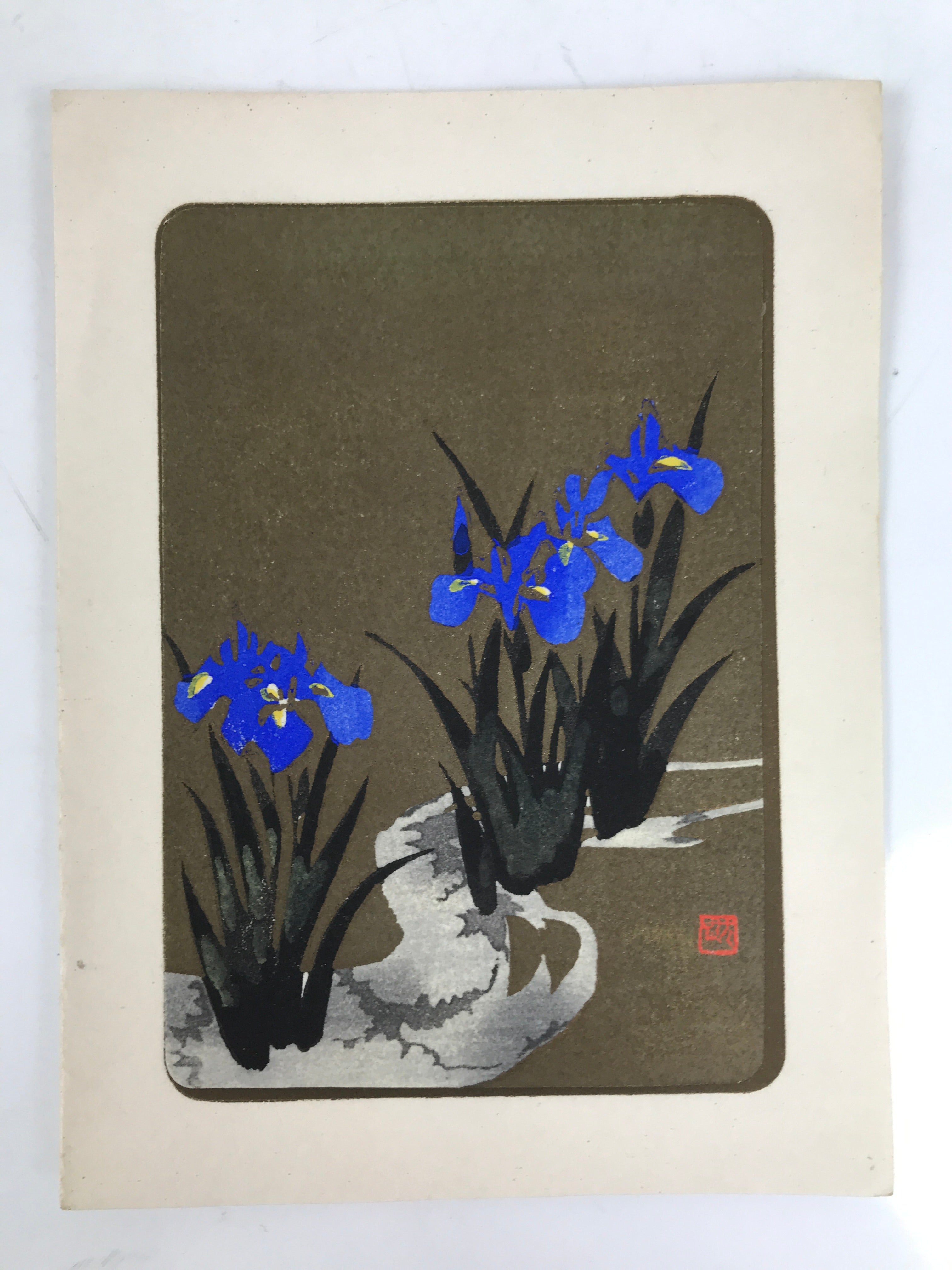 Japanese Woodblock Print Paper Card Vtg Blue Iris Flower Ayame Gold Black P382