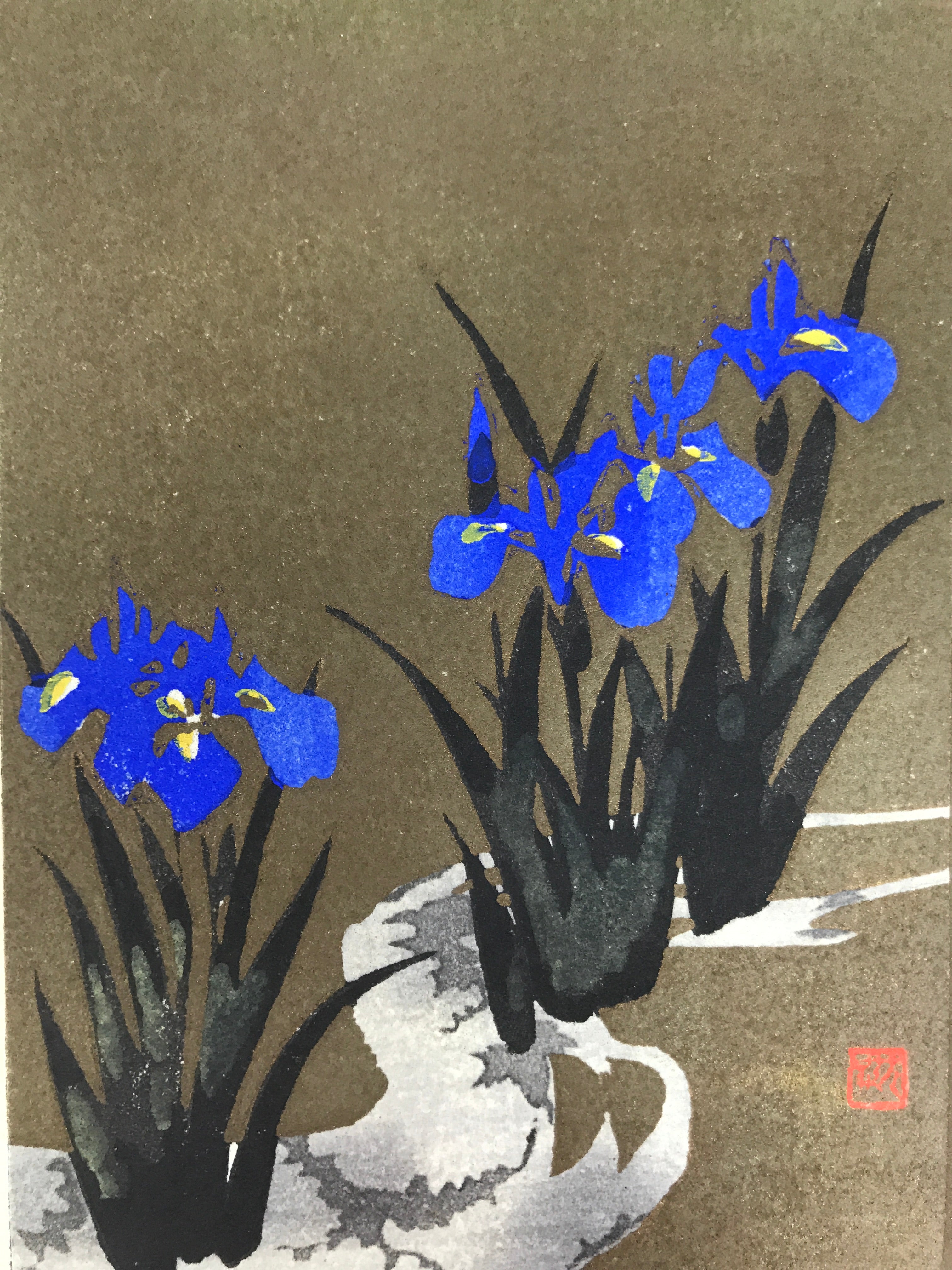 Japanese Woodblock Print Paper Card Vtg Blue Iris Flower Ayame Gold Black P382