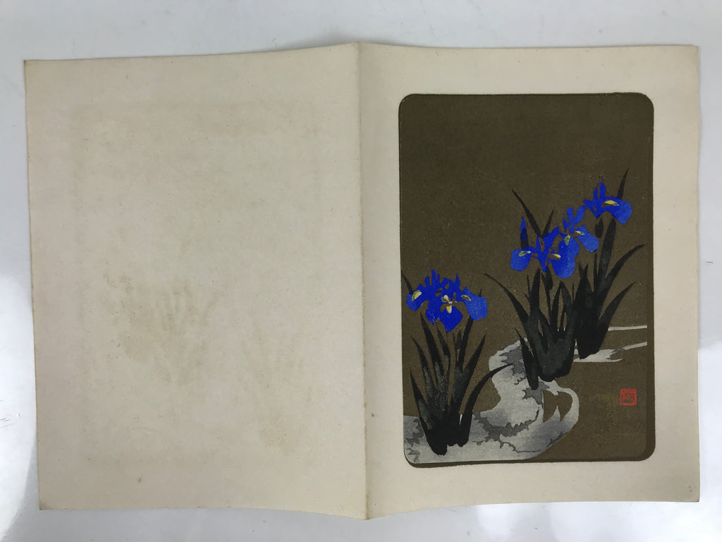 Japanese Woodblock Print Paper Card Vtg Blue Iris Flower Ayame Gold Black P382