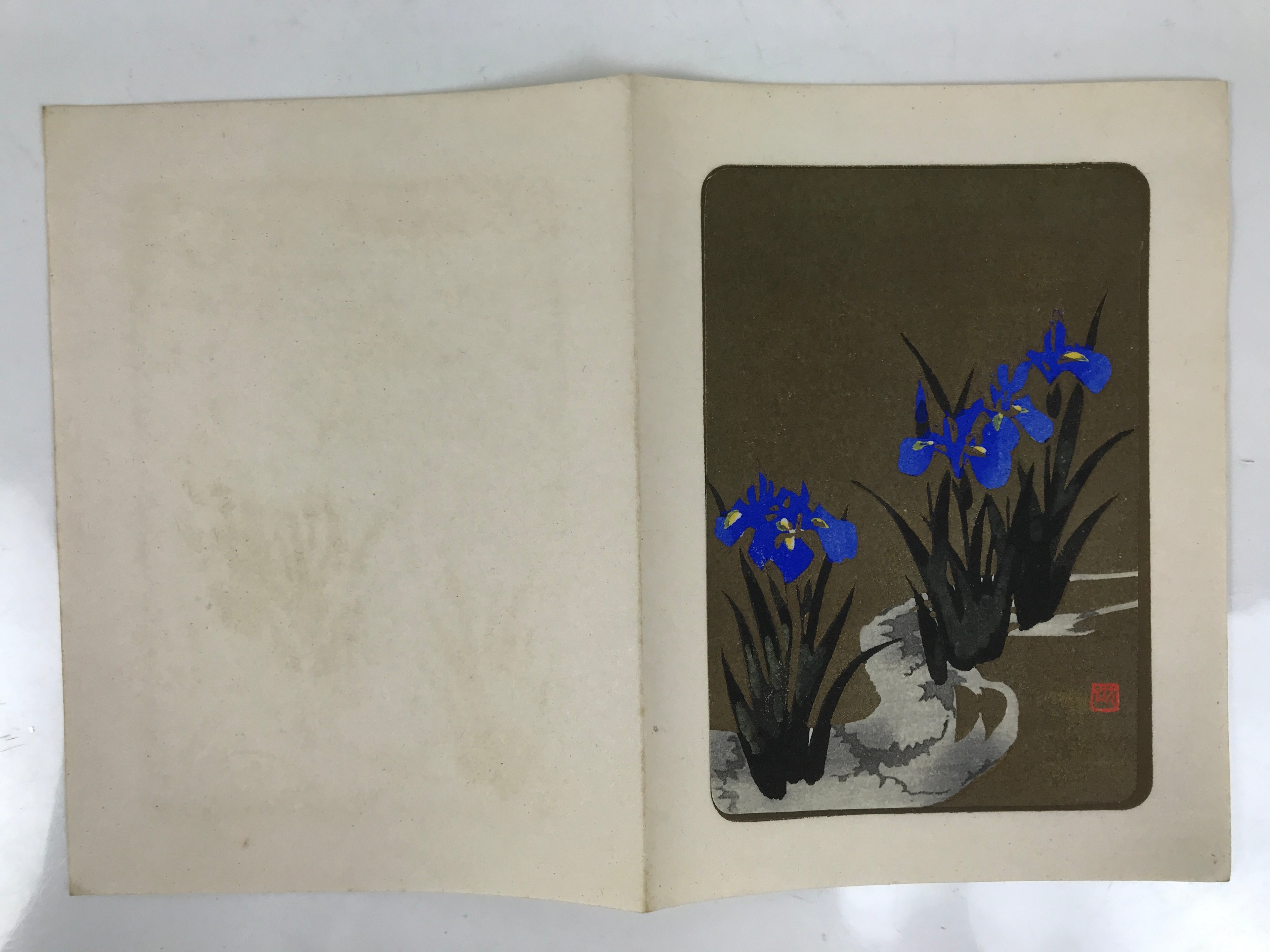 Japanese Woodblock Print Paper Card Vtg Blue Iris Flower Ayame Gold Black P382