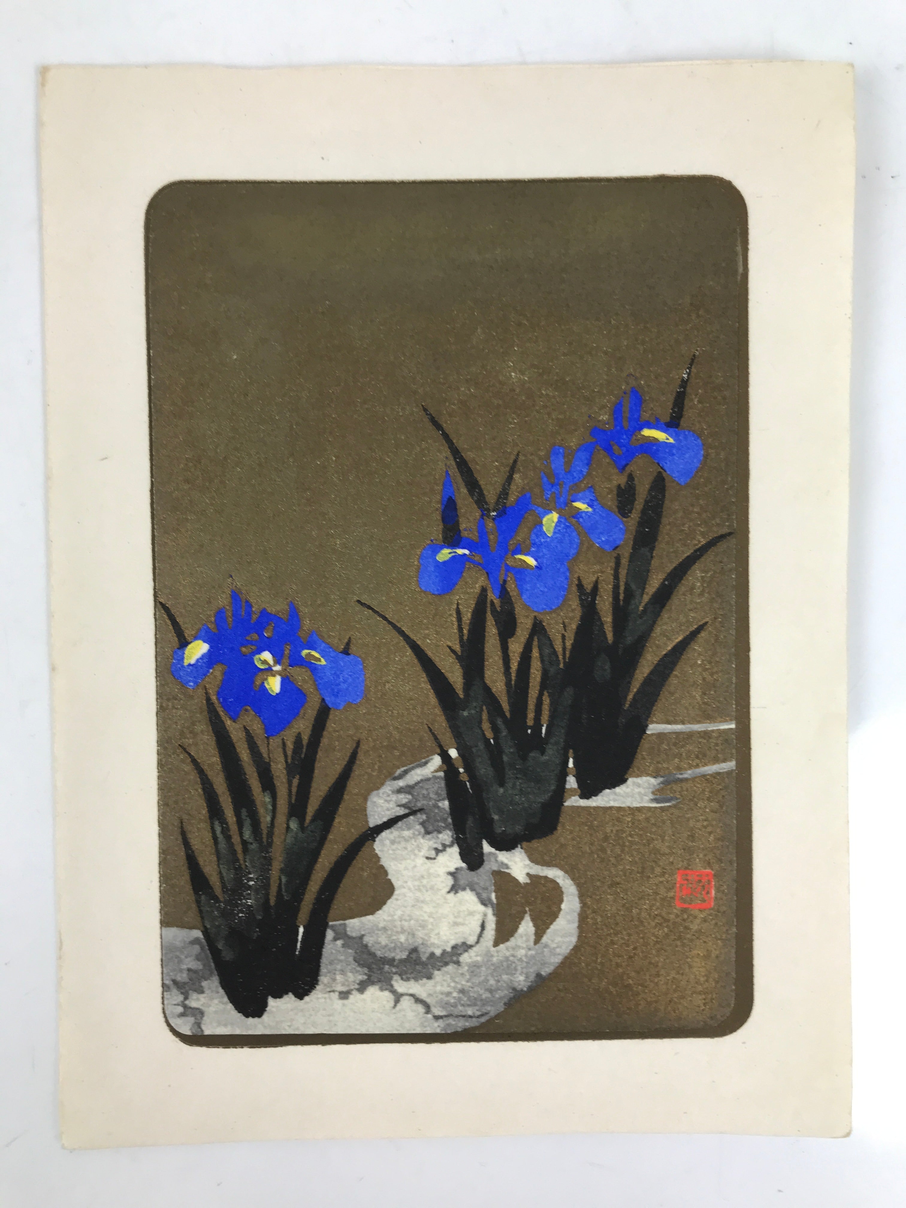 Japanese Woodblock Print Paper Card Vtg Blue Iris Flower Ayame Gold Black P384