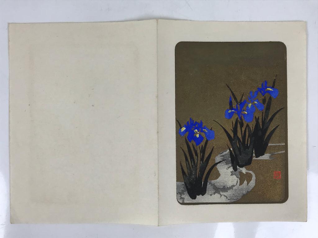 Japanese Woodblock Print Paper Card Vtg Blue Iris Flower Ayame Gold Black P384