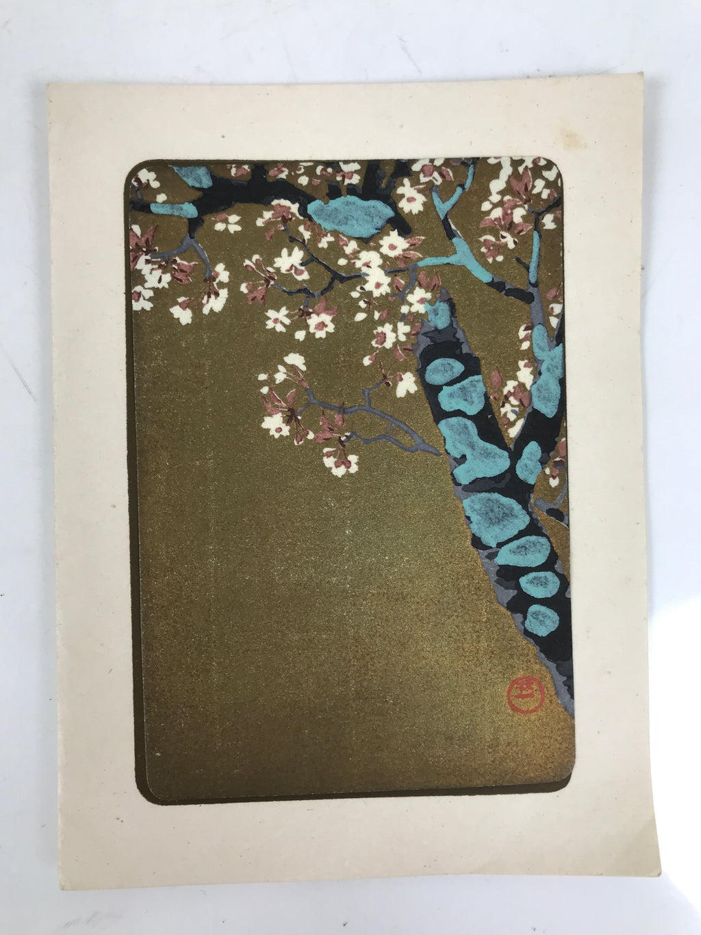 Japanese Woodblock Print Paper Card Vtg Cherry Blossoms Sakura Gold P383