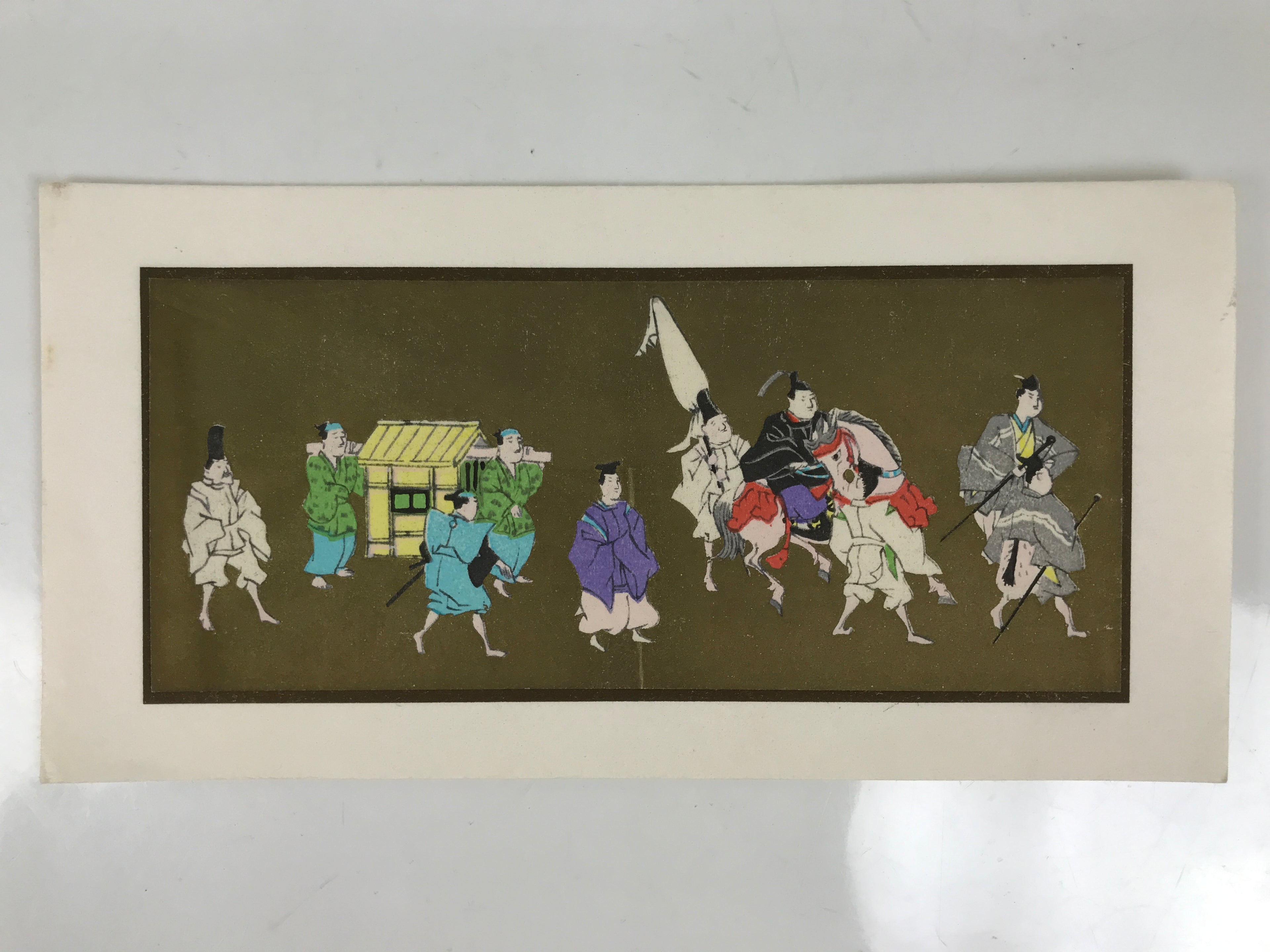 Japanese Woodblock Print Paper Card Vtg Daimyo Procession Samurai Gold P388