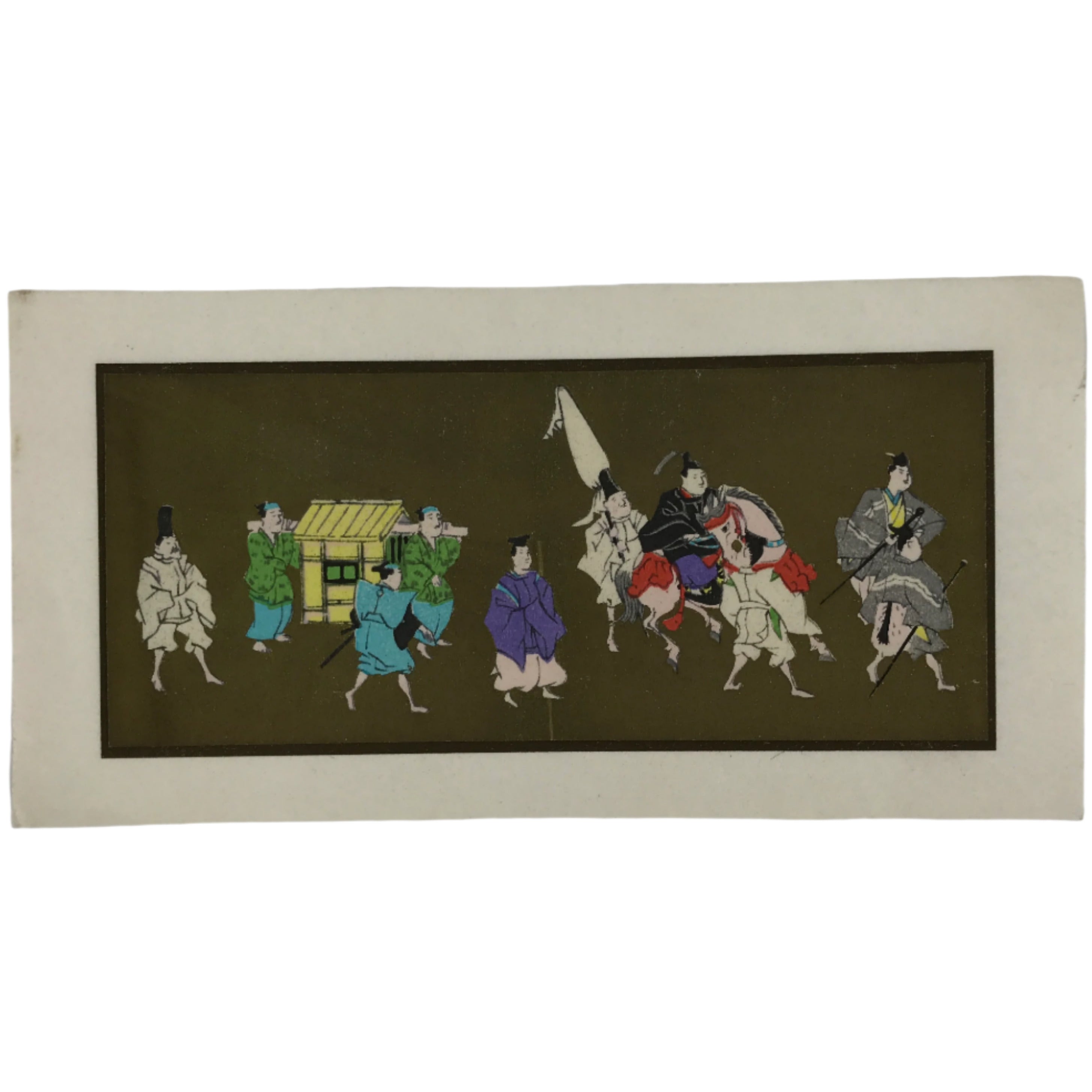 Japanese Woodblock Print Paper Card Vtg Daimyo Procession Samurai Gold P388