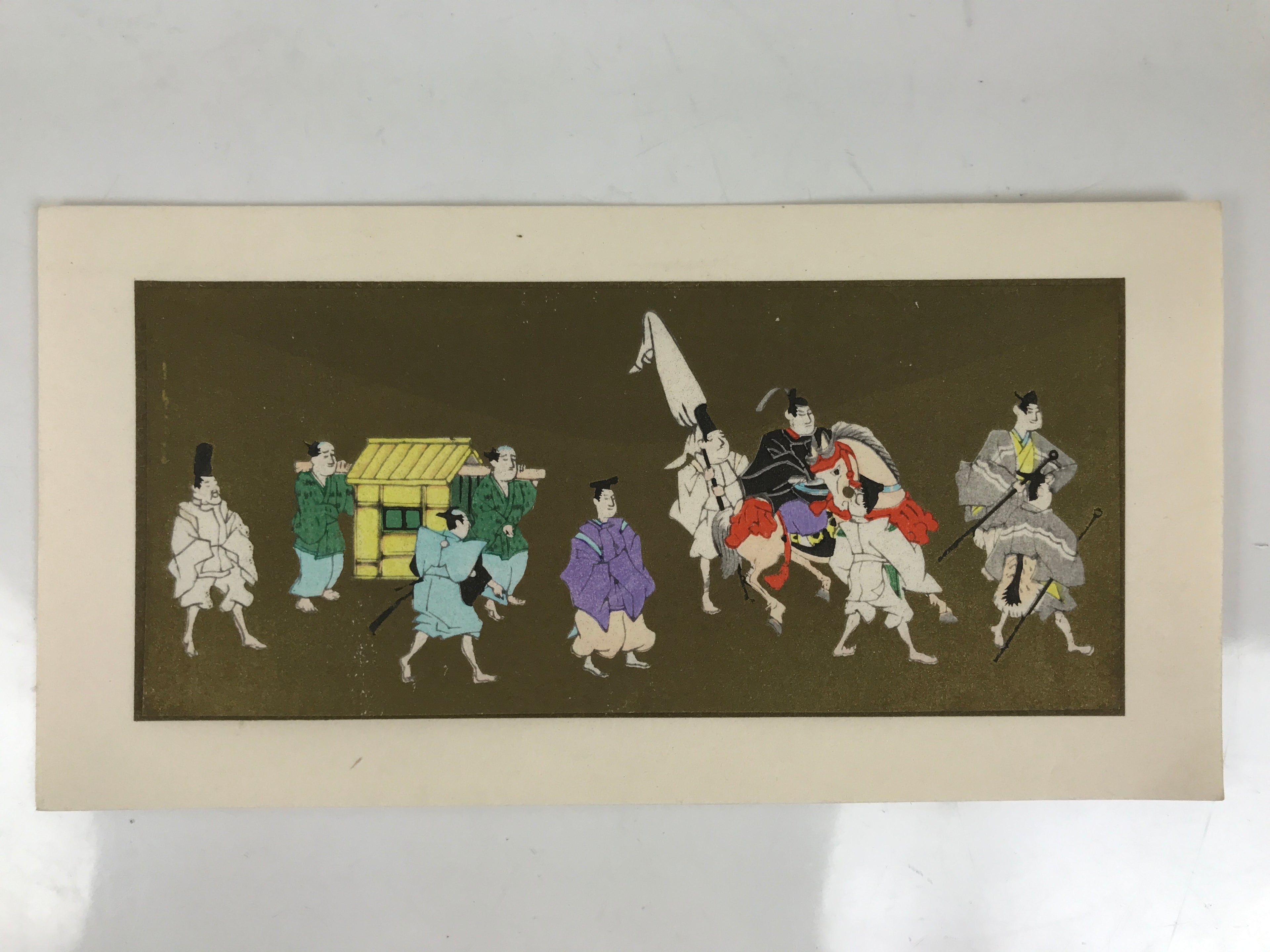 Japanese Woodblock Print Paper Card Vtg Daimyo Procession Samurai Gold P389