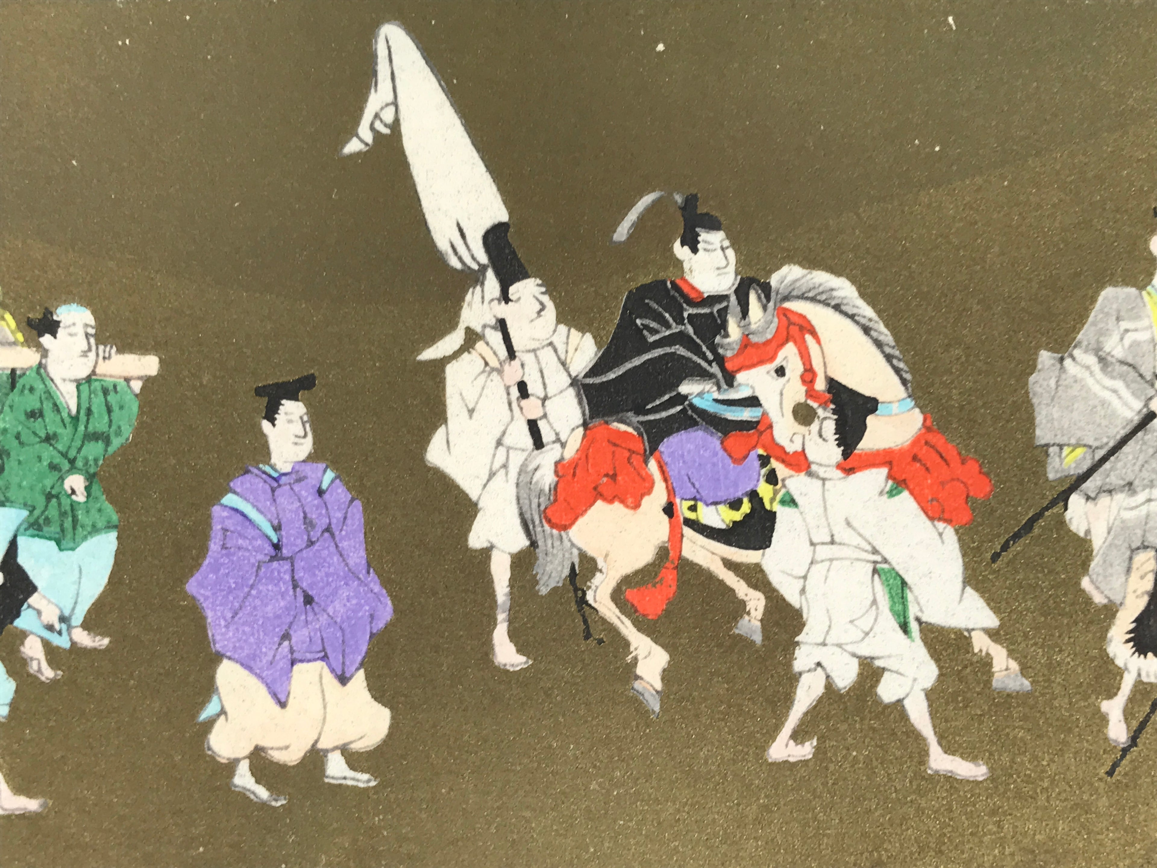 Japanese Woodblock Print Paper Card Vtg Daimyo Procession Samurai Gold P389