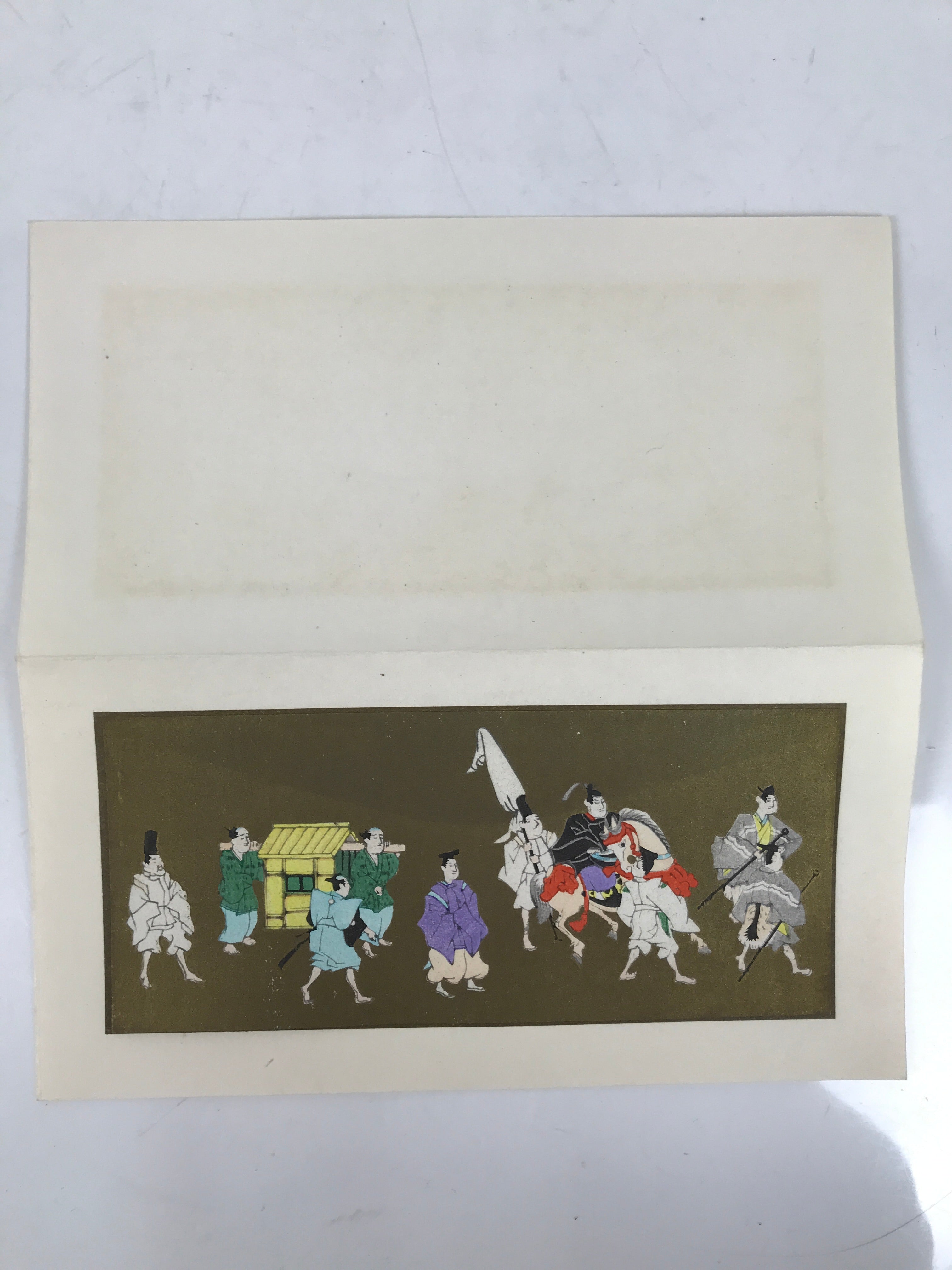 Japanese Woodblock Print Paper Card Vtg Daimyo Procession Samurai Gold P389