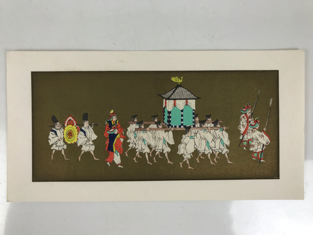 Japanese Woodblock Print Paper Card Vtg Emperor Procession Gold P390