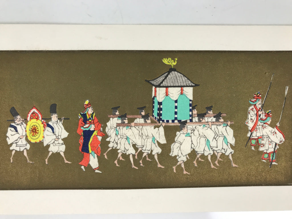 Japanese Woodblock Print Paper Card Vtg Emperor Procession Gold P390