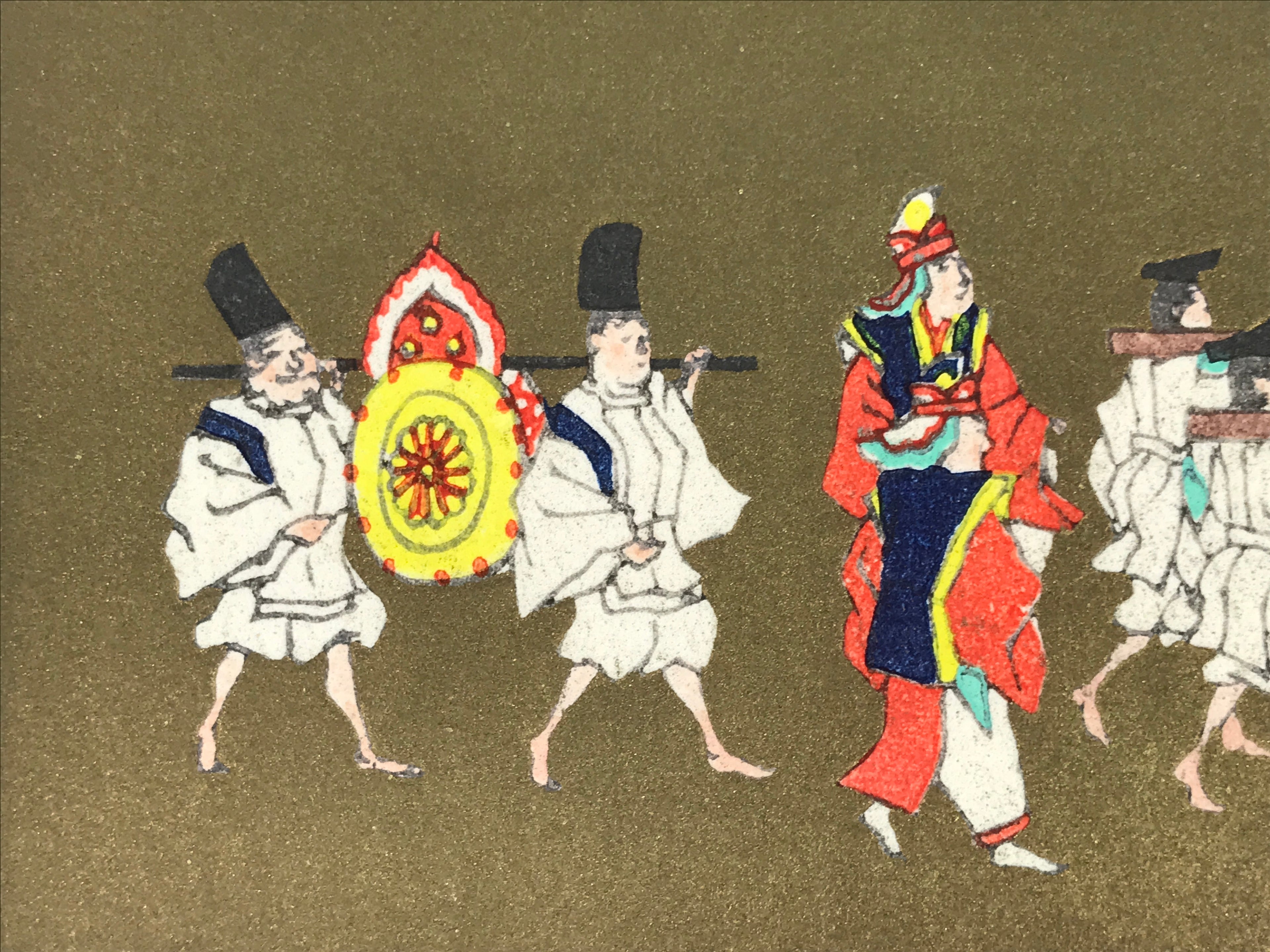 Japanese Woodblock Print Paper Card Vtg Emperor Procession Gold P390